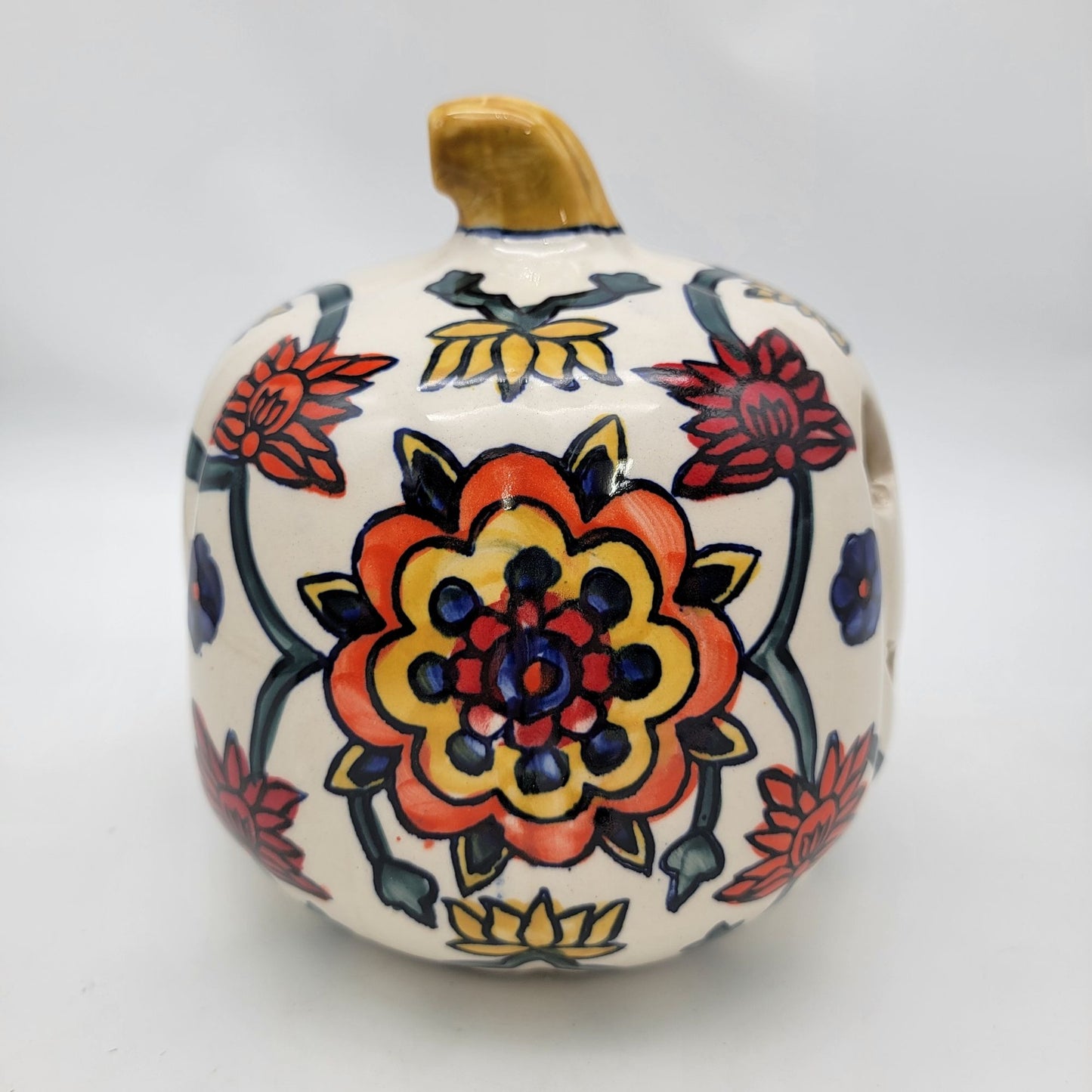 Talavera Style Halloween Pumpkin Jack-O-Lantern White with Large Orange Yellow Flower