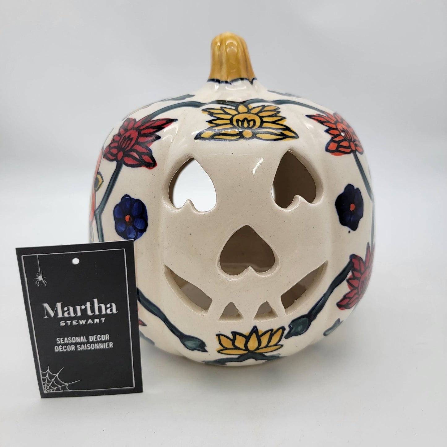 Talavera Style Halloween Pumpkin Jack-O-Lantern White with Large Orange Yellow Flower