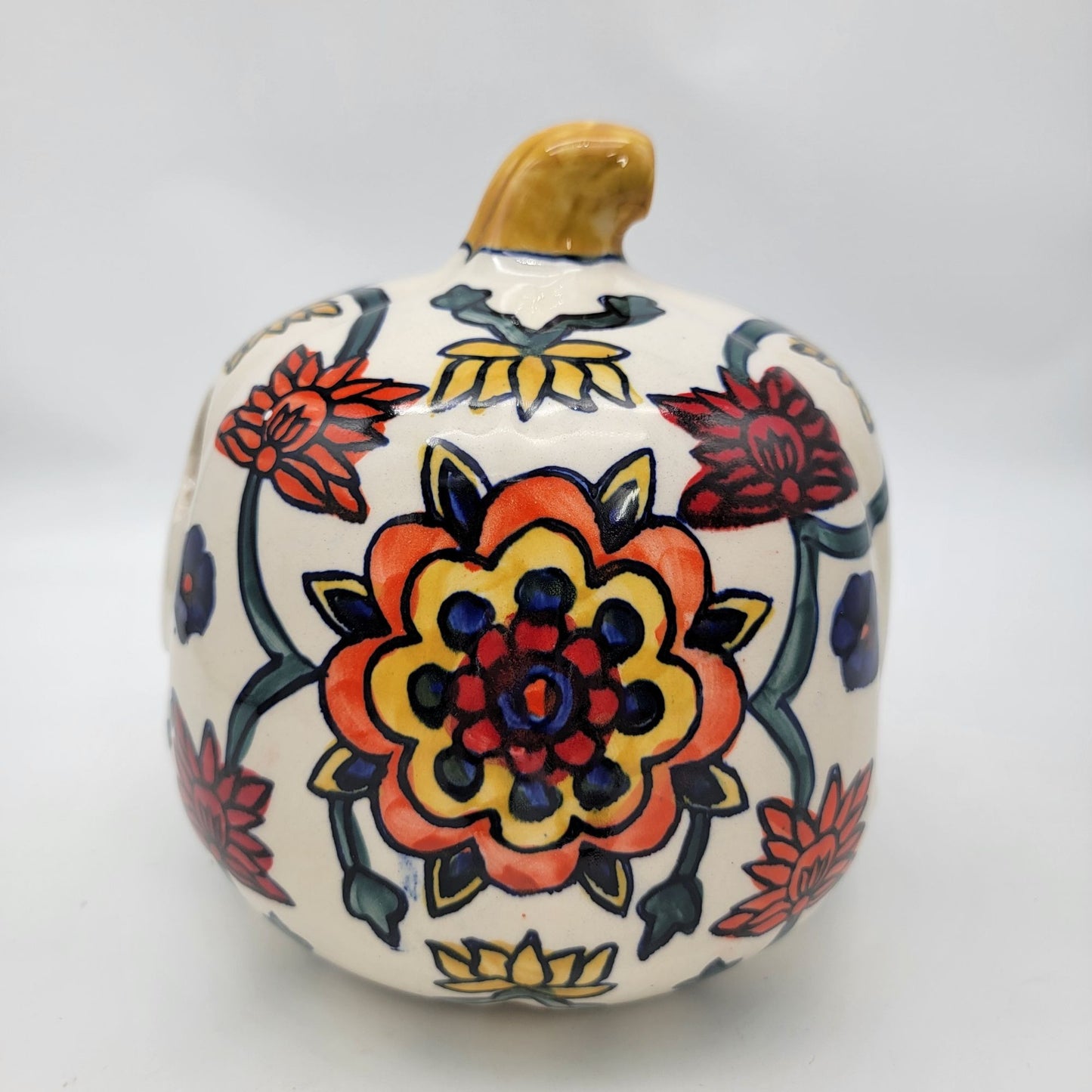 Talavera Style Halloween Pumpkin Jack-O-Lantern White with Large Orange Yellow Flower