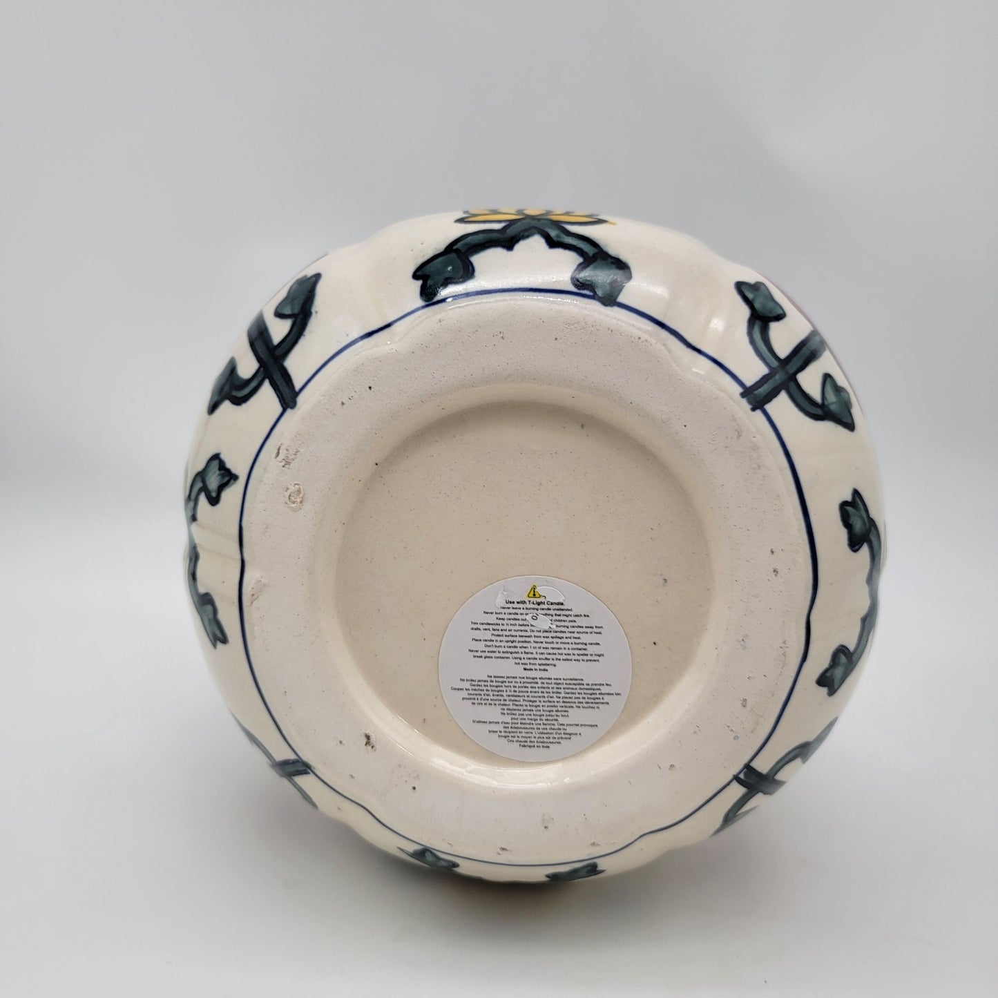 Talavera Style Halloween Pumpkin Jack-O-Lantern White with Large Orange Yellow Flower