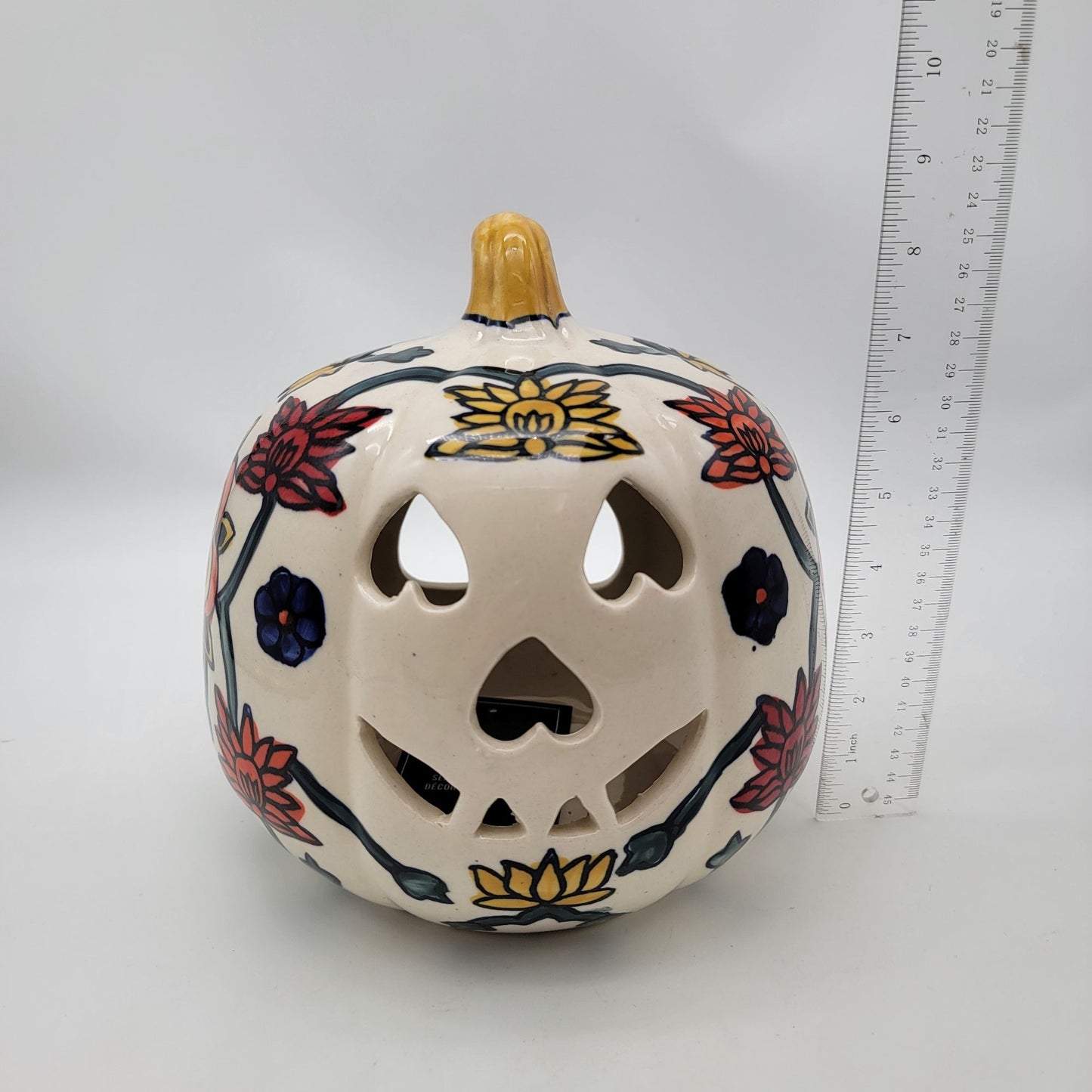 Talavera Style Halloween Pumpkin Jack-O-Lantern White with Large Orange Yellow Flower