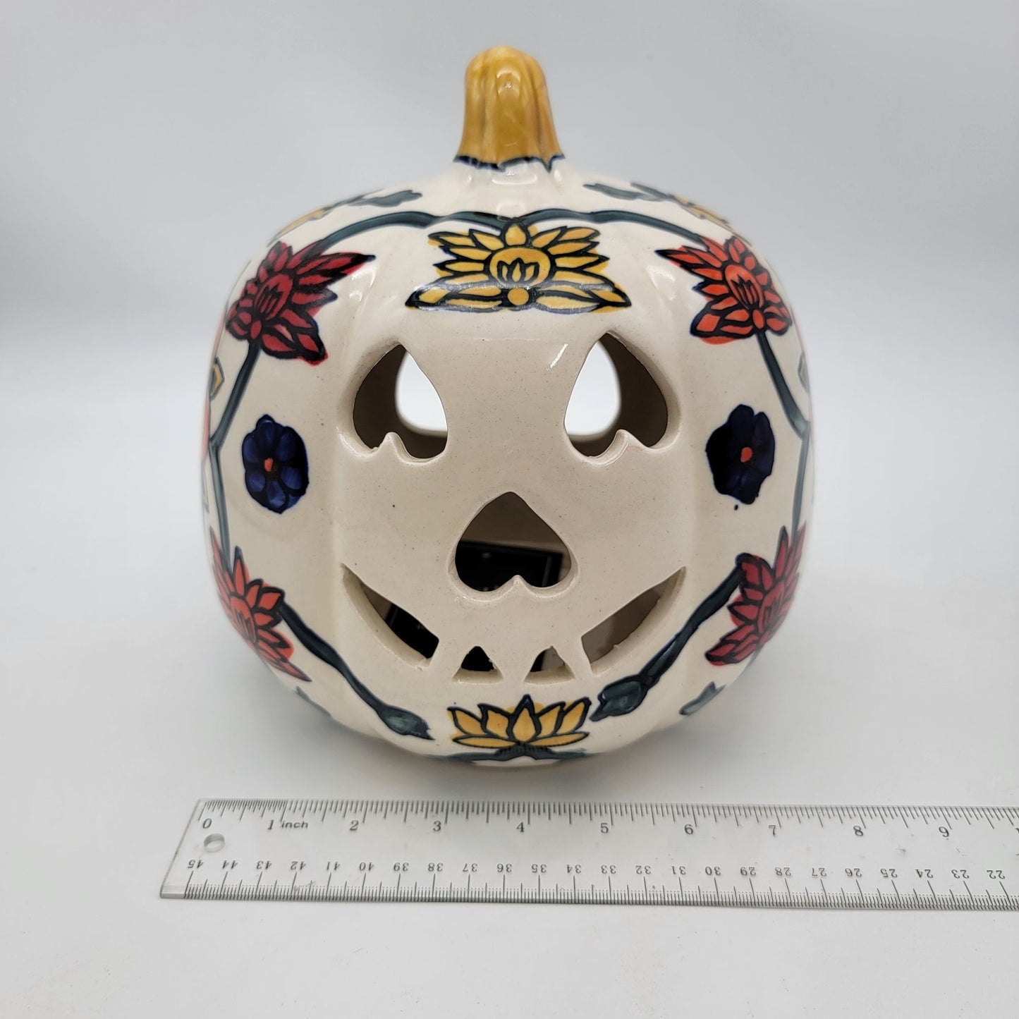 Talavera Style Halloween Pumpkin Jack-O-Lantern White with Large Orange Yellow Flower