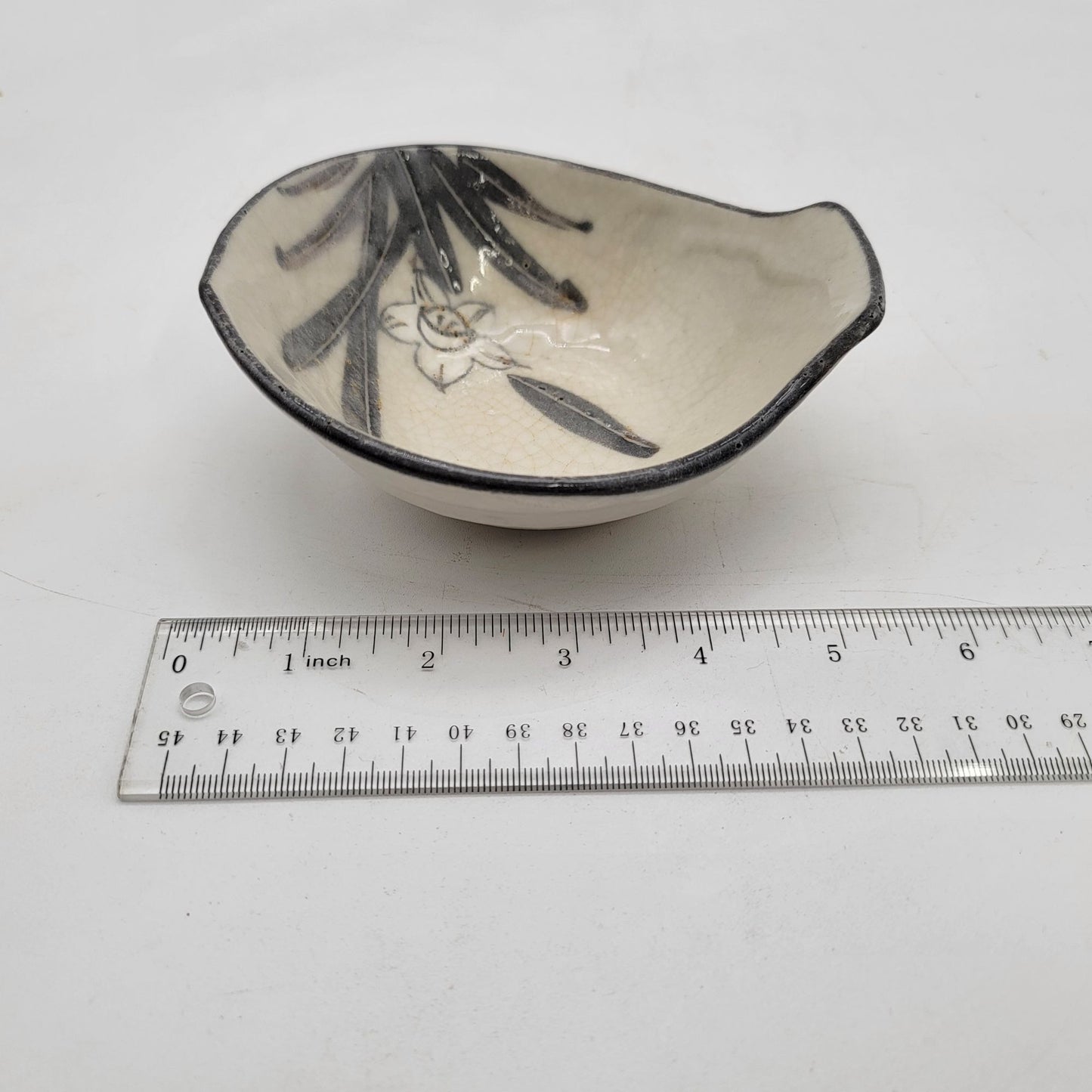 Handcrafted Pottery Sauce Dish With Floral Design Crackle Glaze