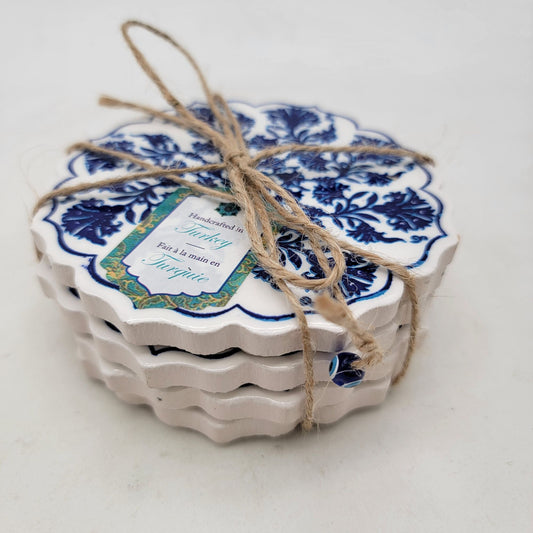 Set Of 4 Handcrafted Coasters Made In Turkey Blue & White Floral