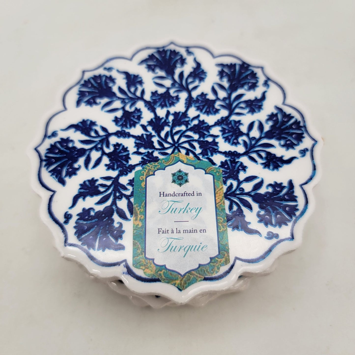 Set Of 4 Handcrafted Coasters Made In Turkey Blue & White Floral