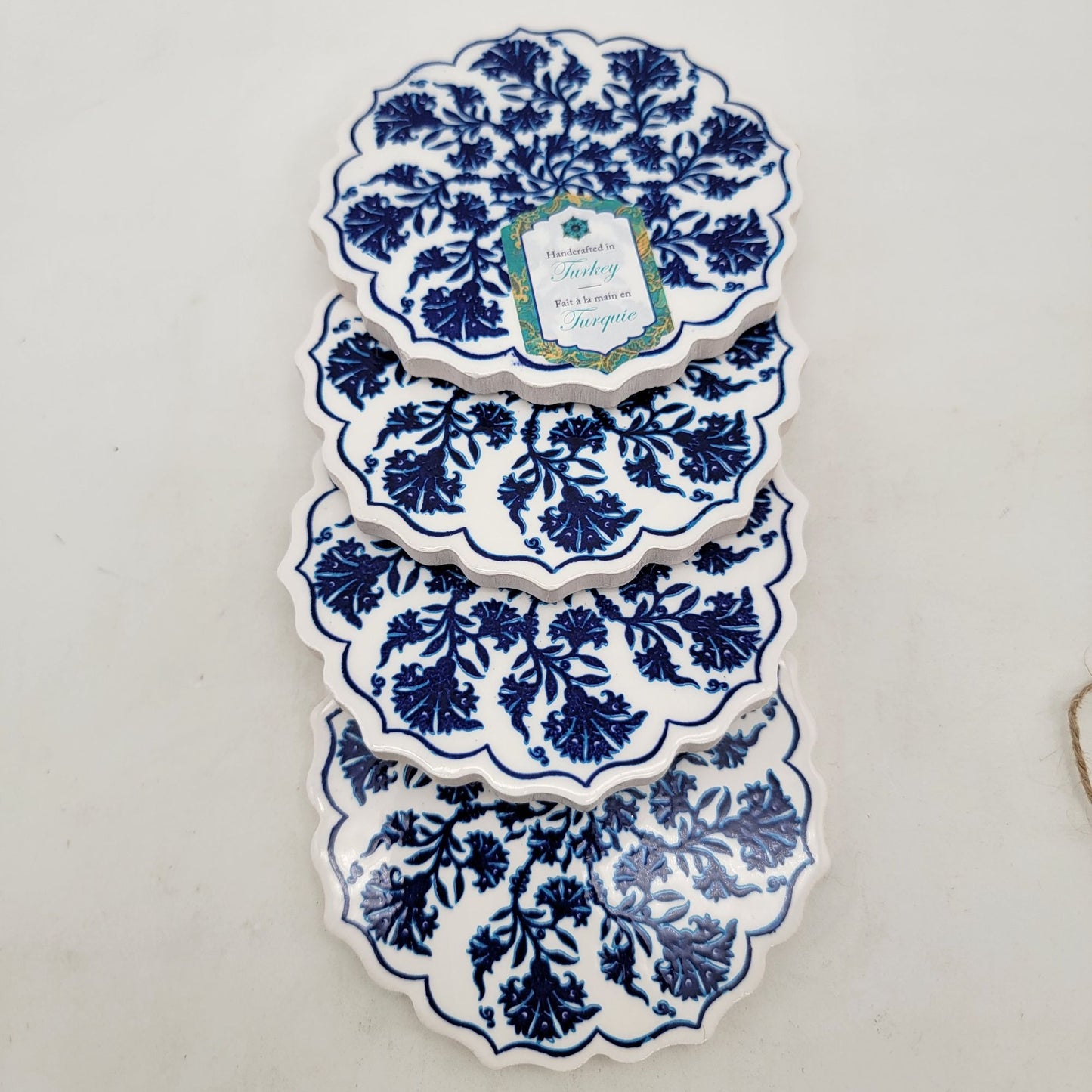 Set Of 4 Handcrafted Coasters Made In Turkey Blue & White Floral