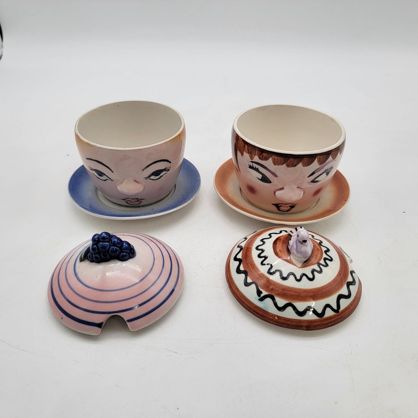 Vintage Anthropomorphic Hand-Painted Sugar Bowls W/Lids & Saucers