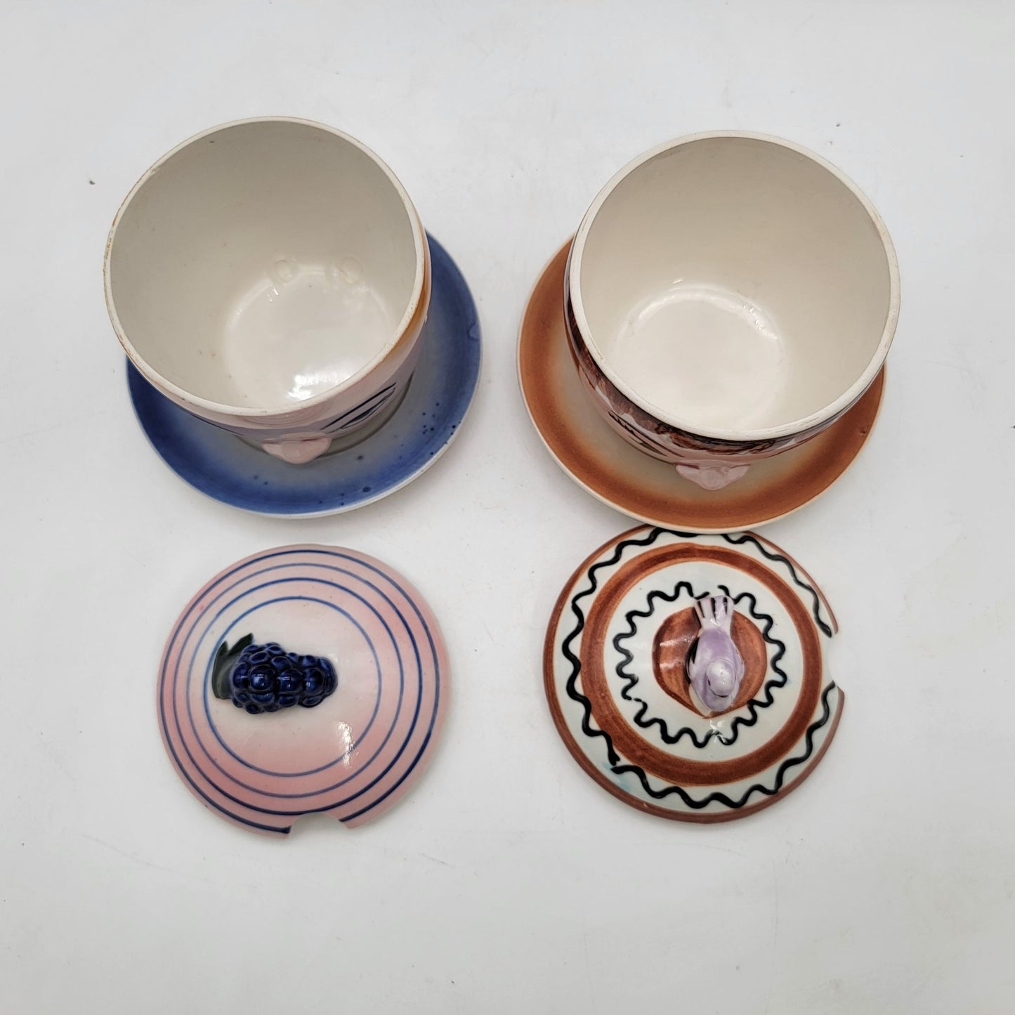 Vintage Anthropomorphic Hand-Painted Sugar Bowls W/Lids & Saucers