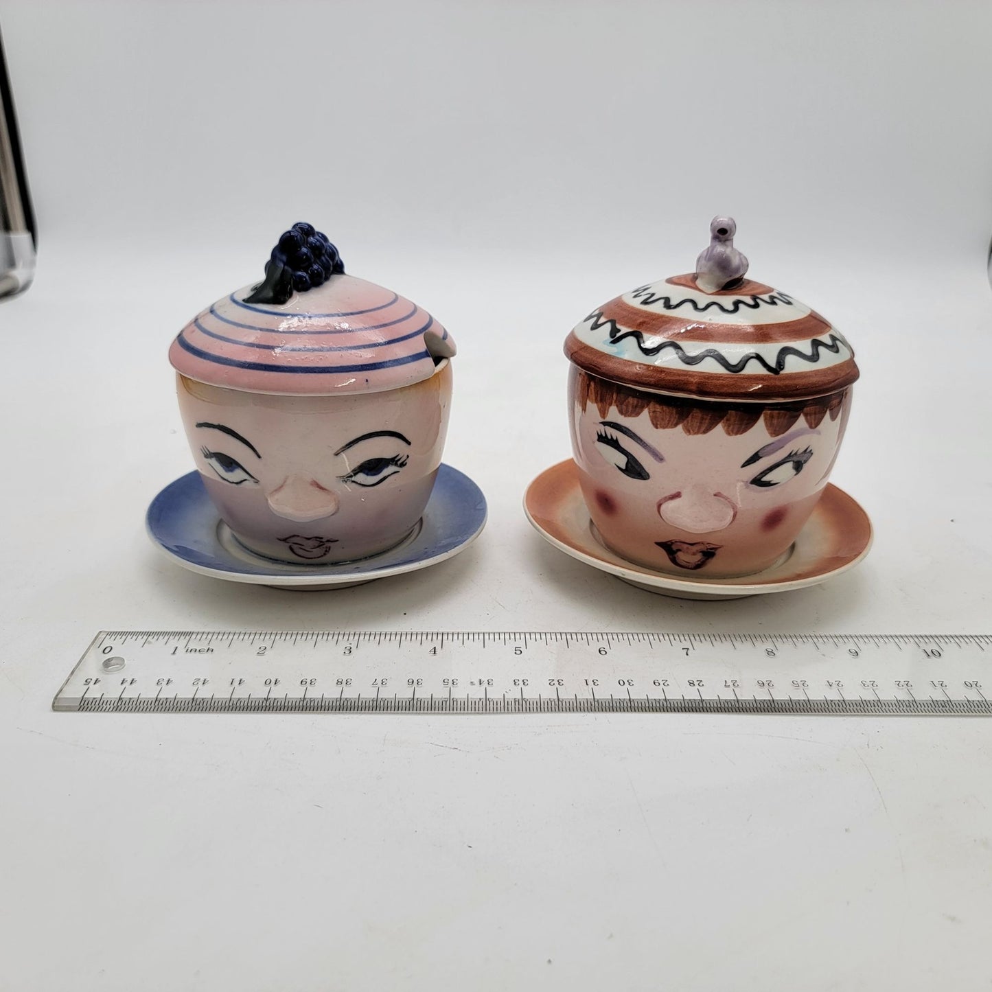 Vintage Anthropomorphic Hand-Painted Sugar Bowls W/Lids & Saucers