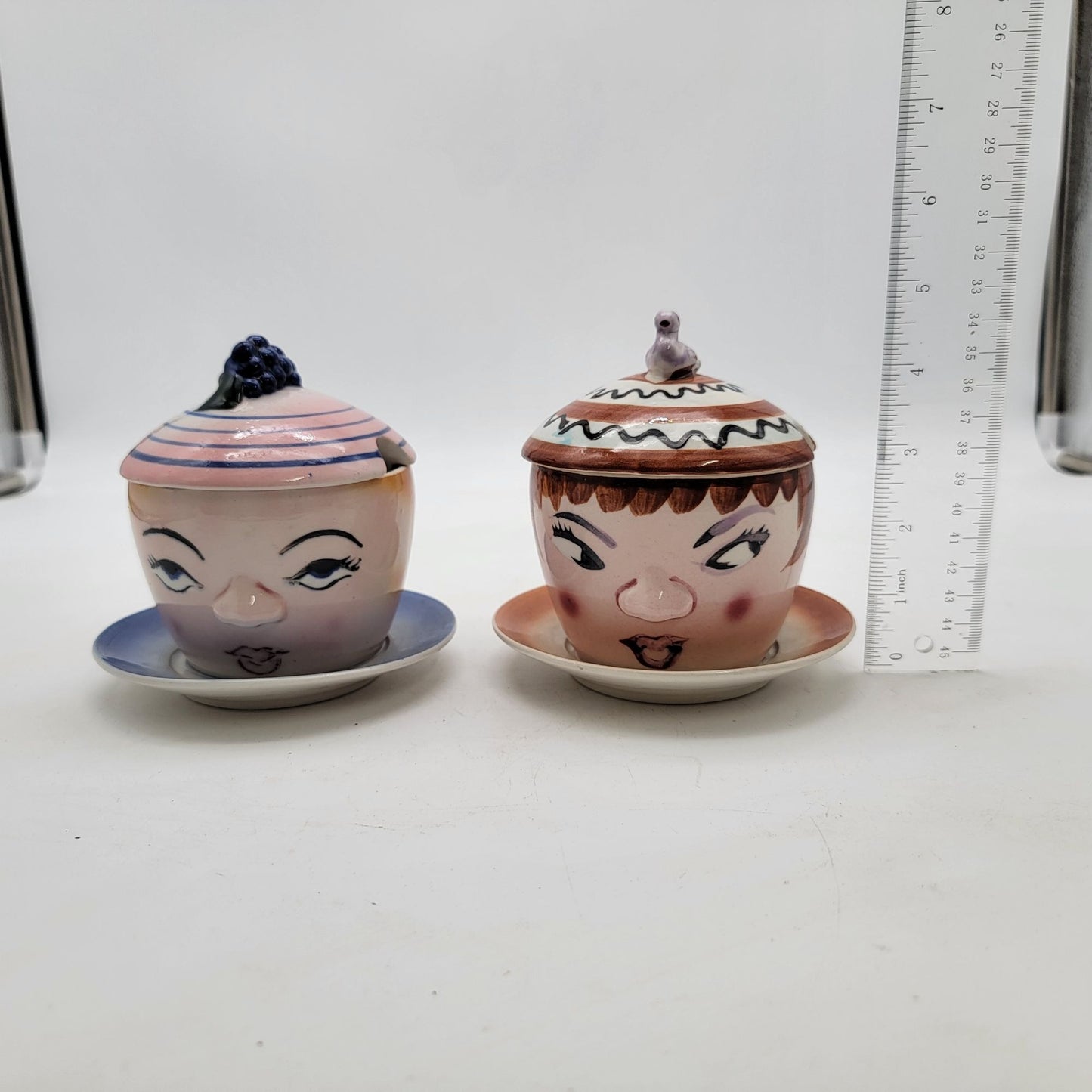 Vintage Anthropomorphic Hand-Painted Sugar Bowls W/Lids & Saucers