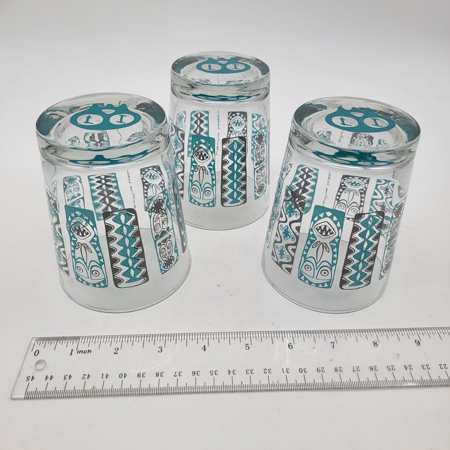 Set Of 3 Vintage Tiki Glasses Blue Totem Design