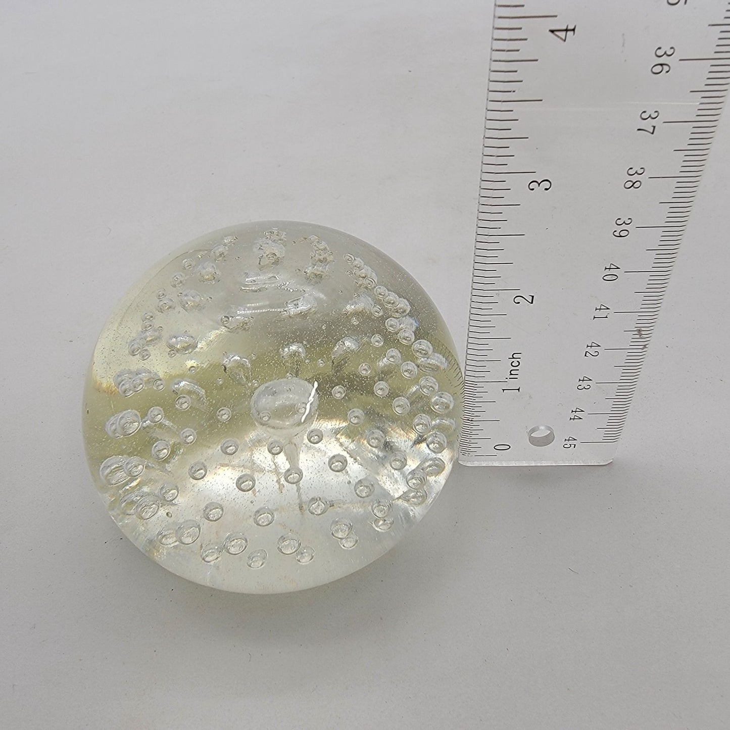 Vintage Signed Clear Art Glass Round Controlled Bubbles Paperweight