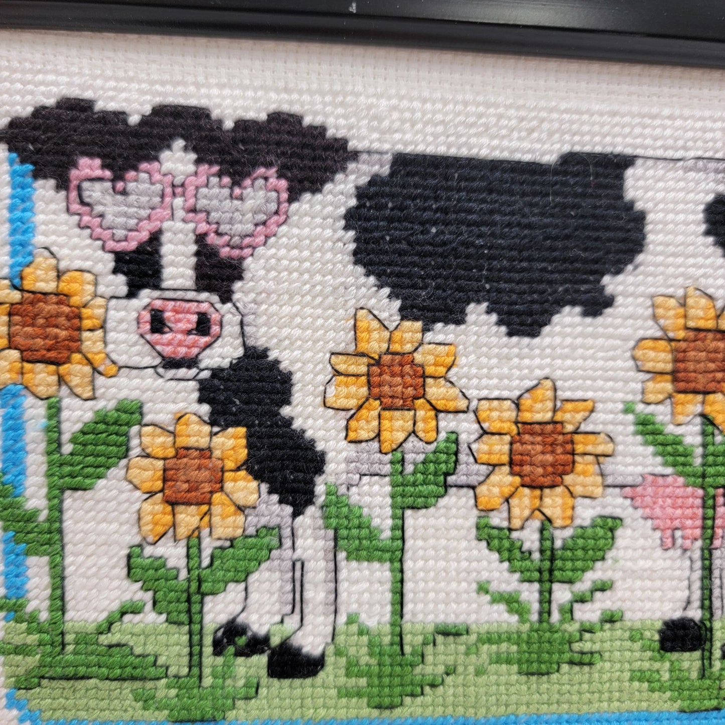 Vintage Cow Cross-Stitch Embroidery Framed Art With Sunflowers Signed