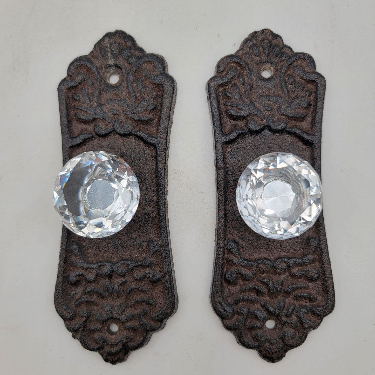 Vintage Cast Iron & Crystal Glass Cabinet Knobs Set of 2