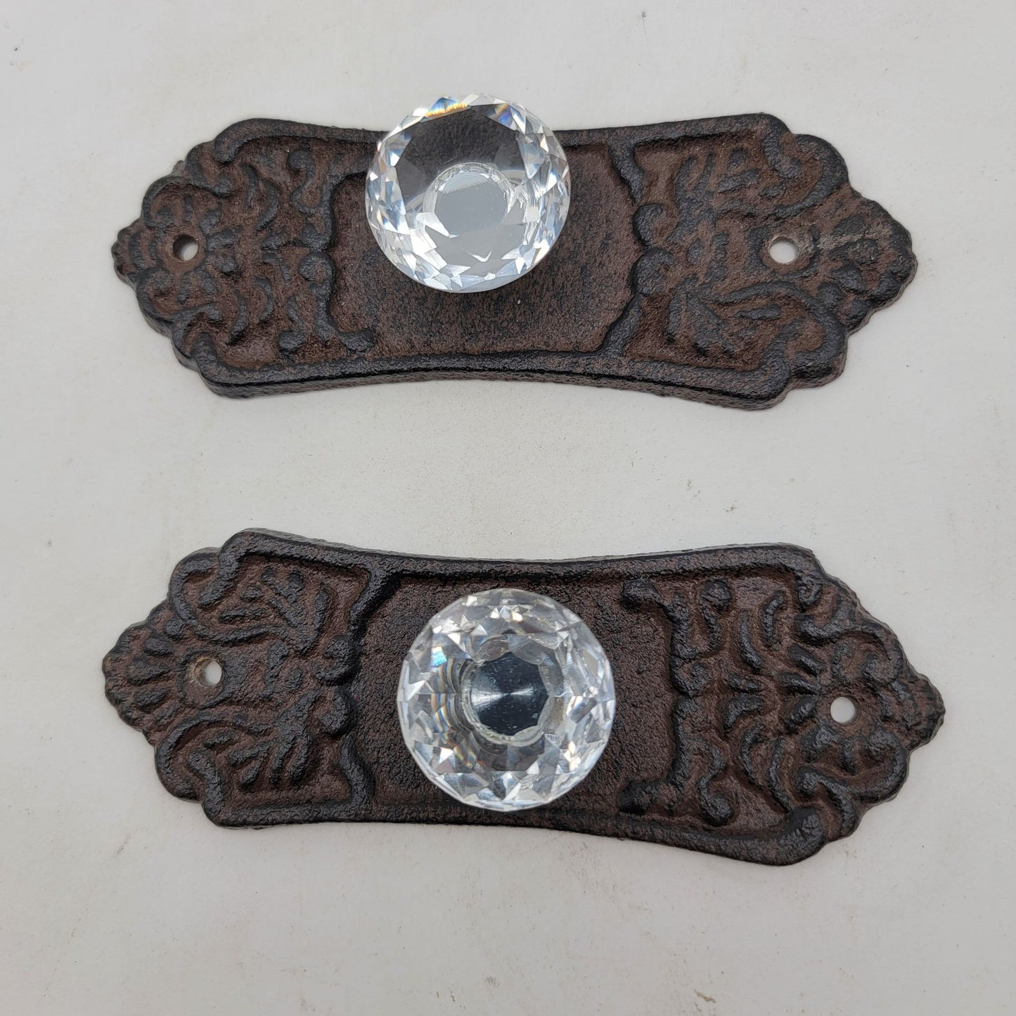 Vintage Cast Iron & Crystal Glass Cabinet Knobs Set of 2