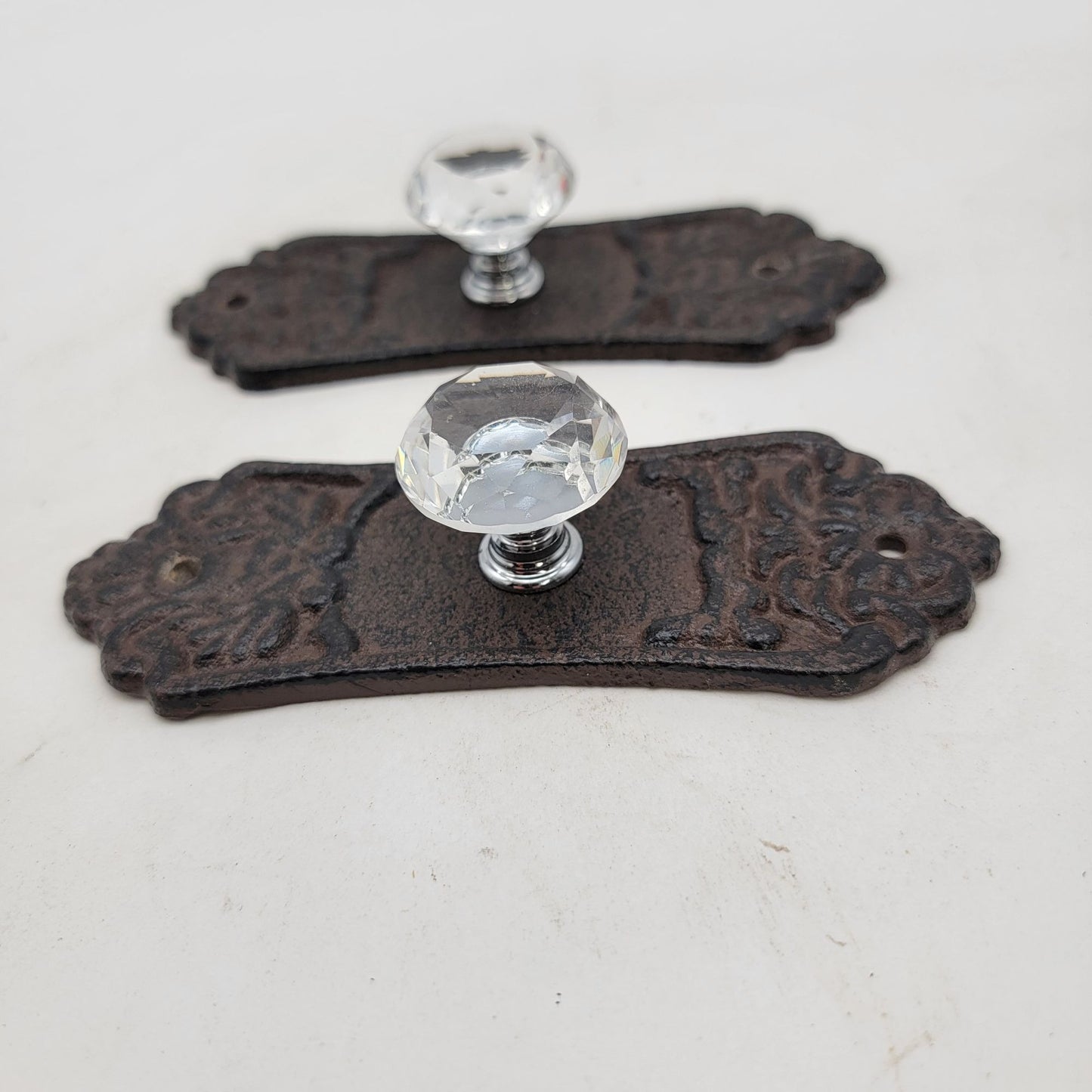 Vintage Cast Iron & Crystal Glass Cabinet Knobs Set of 2