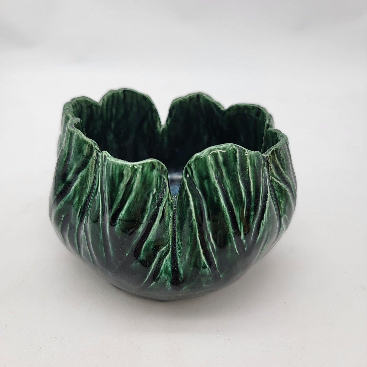 Vintage Majolica Pottery Green Leaf Shaped Bowl
