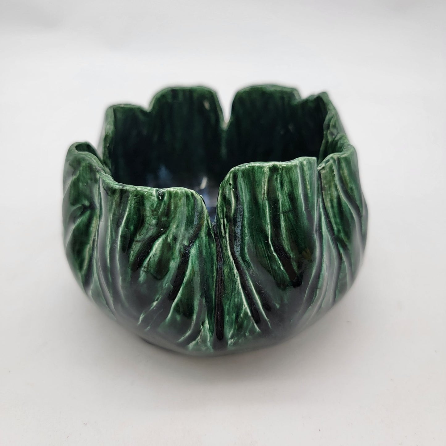 Vintage Majolica Pottery Green Leaf Shaped Bowl