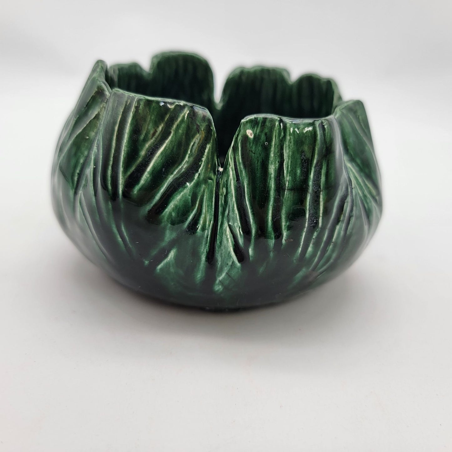 Vintage Majolica Pottery Green Leaf Shaped Bowl