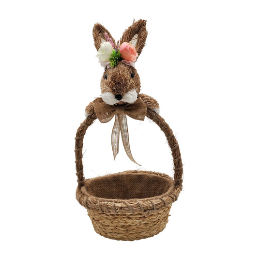 Rustic Natural Sisal Bunny Head Basket With Floral Accents Easter Spring Decor