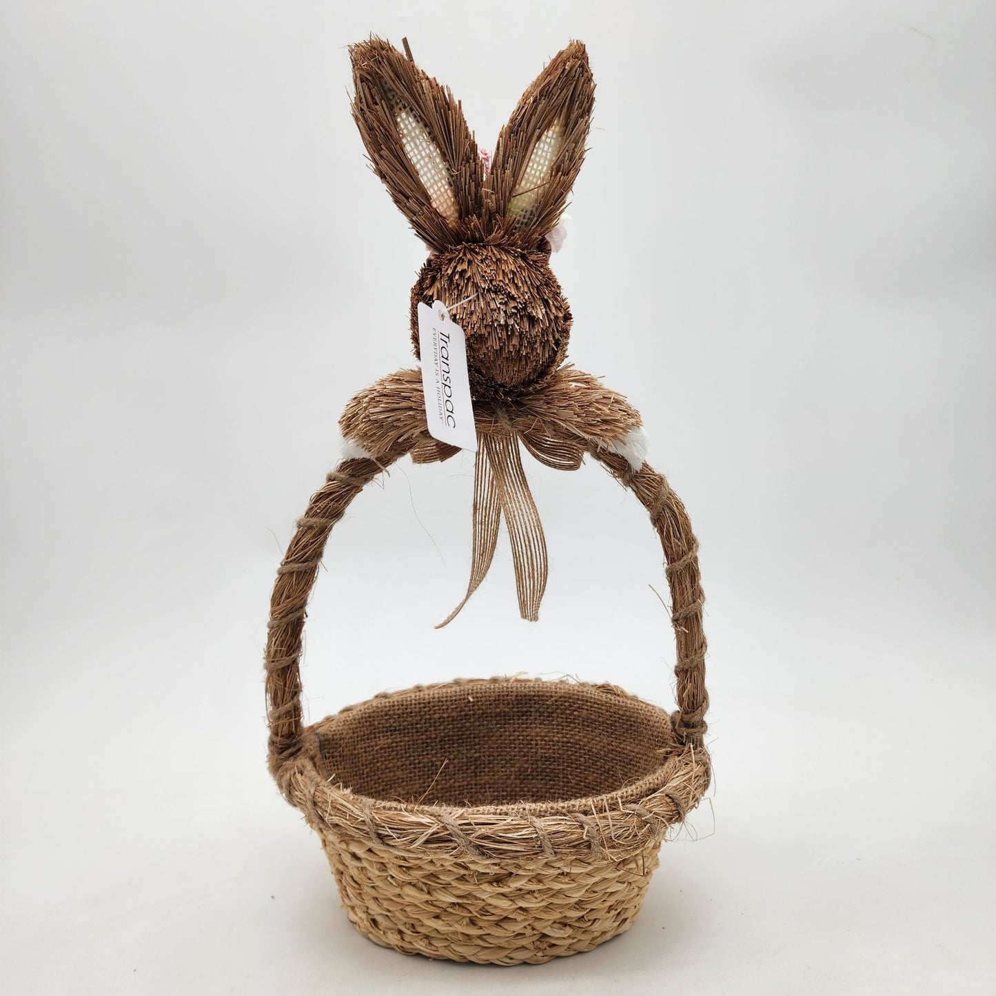 Rustic Natural Sisal Bunny Head Basket With Floral Accents Easter Spring Decor