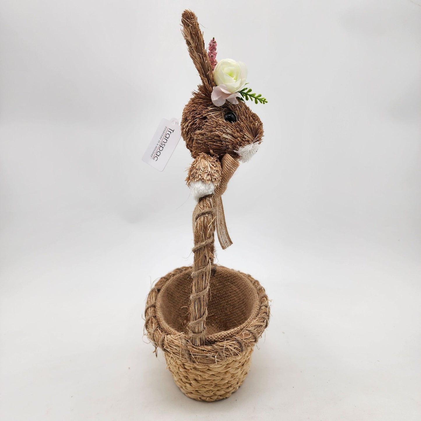 Rustic Natural Sisal Bunny Head Basket With Floral Accents Easter Spring Decor