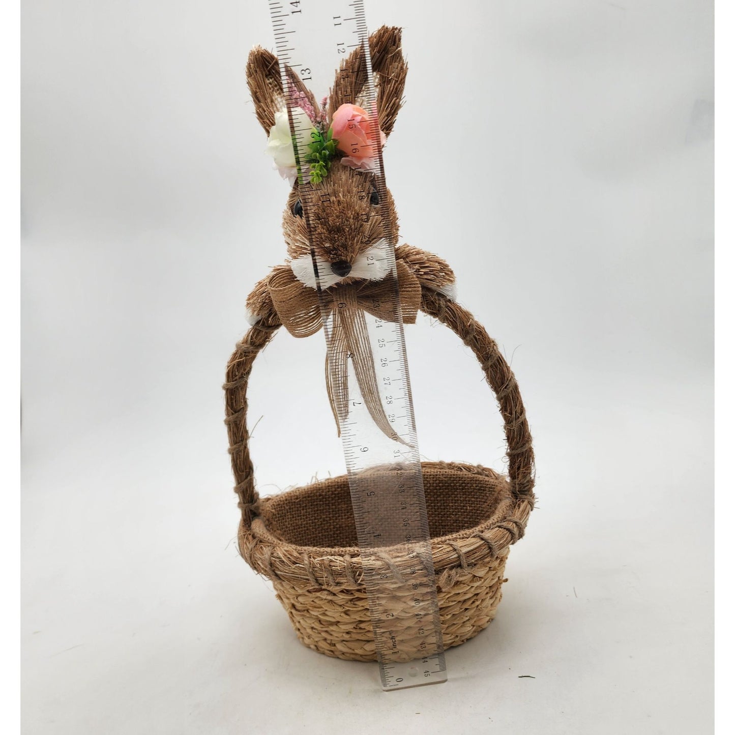 Rustic Natural Sisal Bunny Head Basket With Floral Accents Easter Spring Decor