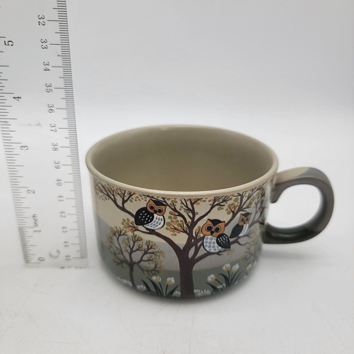 Vintage Stoneware Soup Cup With Owl Family in a Tree Design