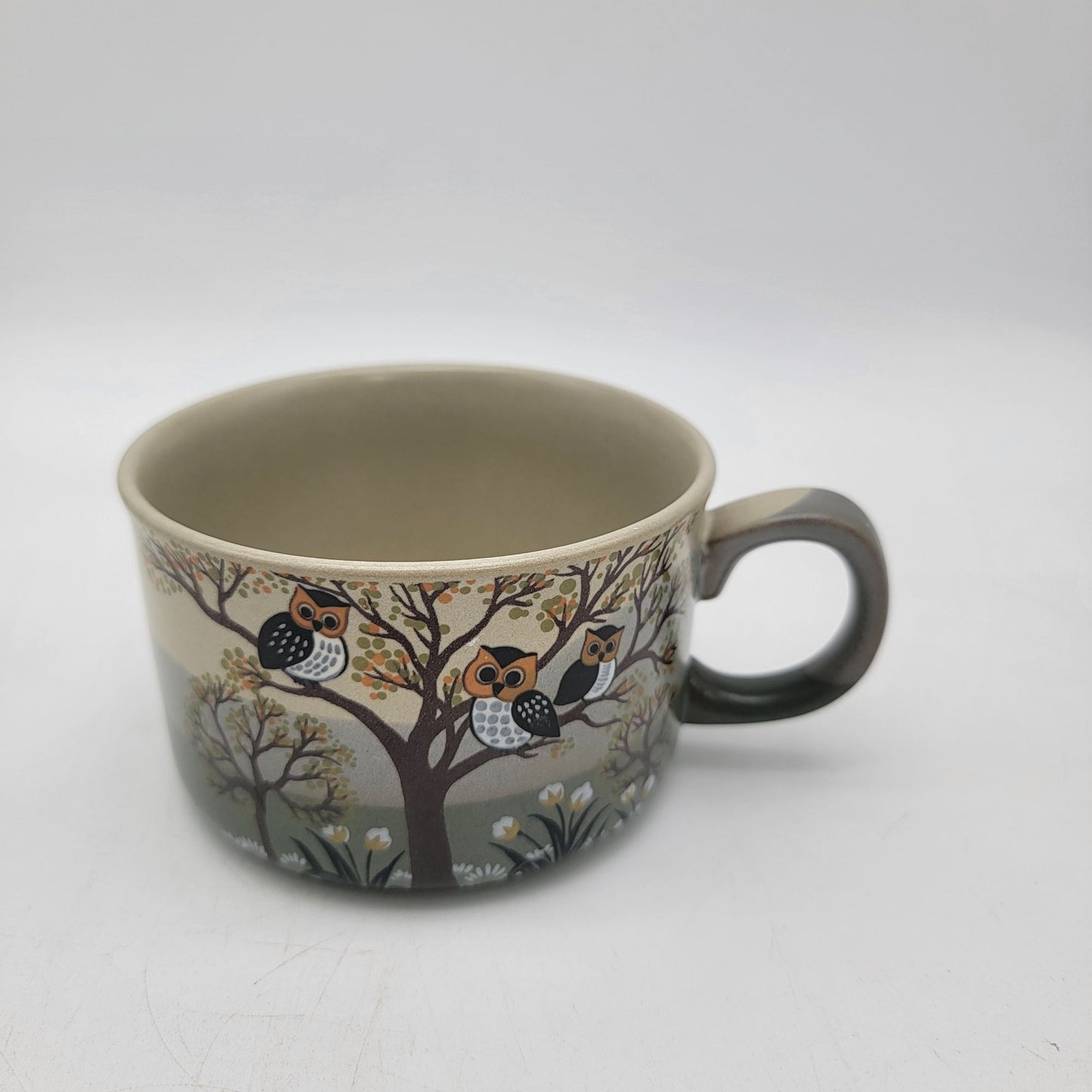 Vintage Stoneware Soup Cup With Owl Family in a Tree Design