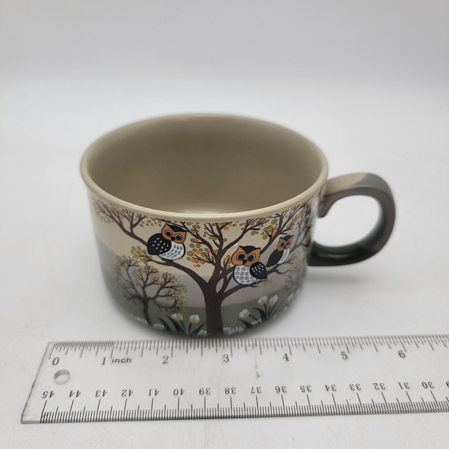 Vintage Stoneware Soup Cup With Owl Family in a Tree Design