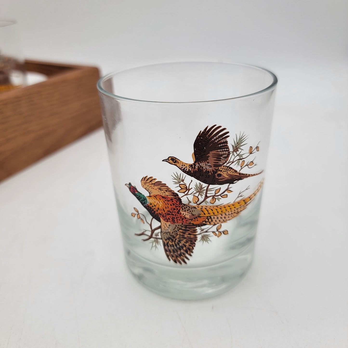Vintage Libbey Pheasant Bar Glasses in Wood Tray