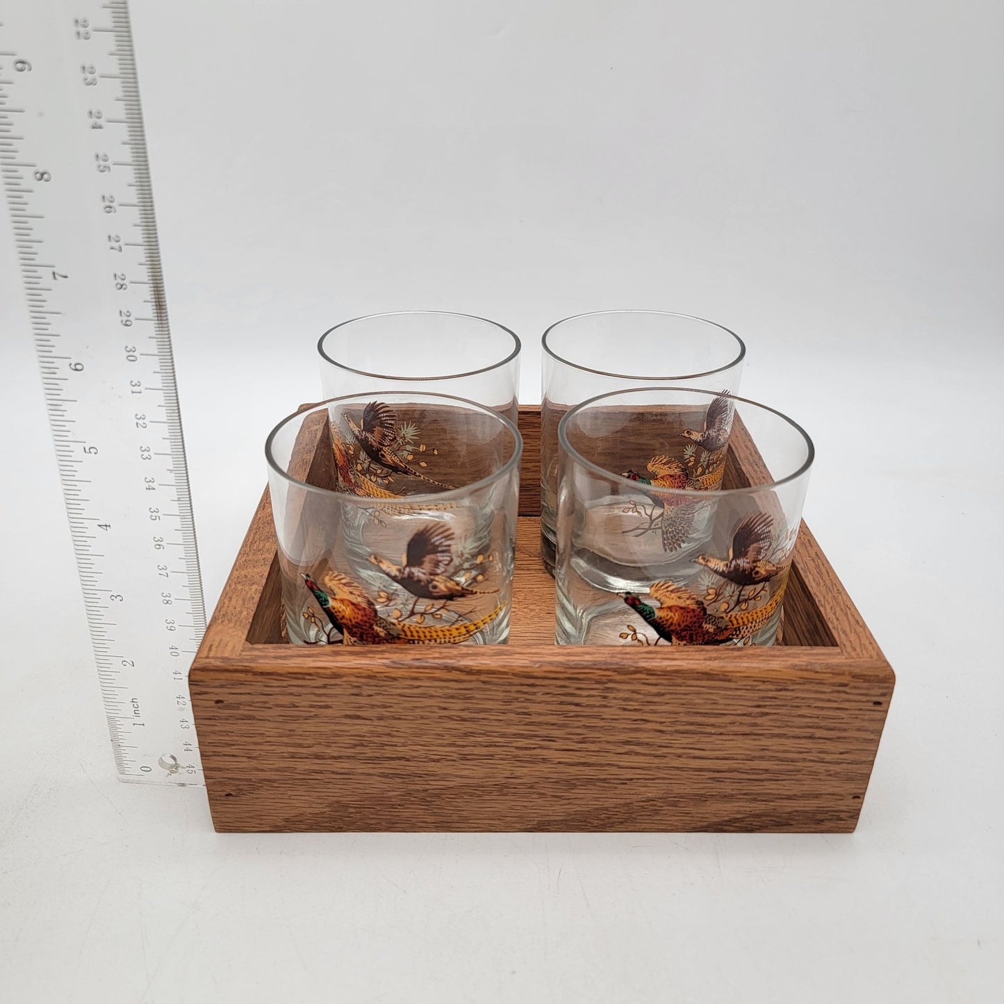 Vintage Libbey Pheasant Bar Glasses in Wood Tray