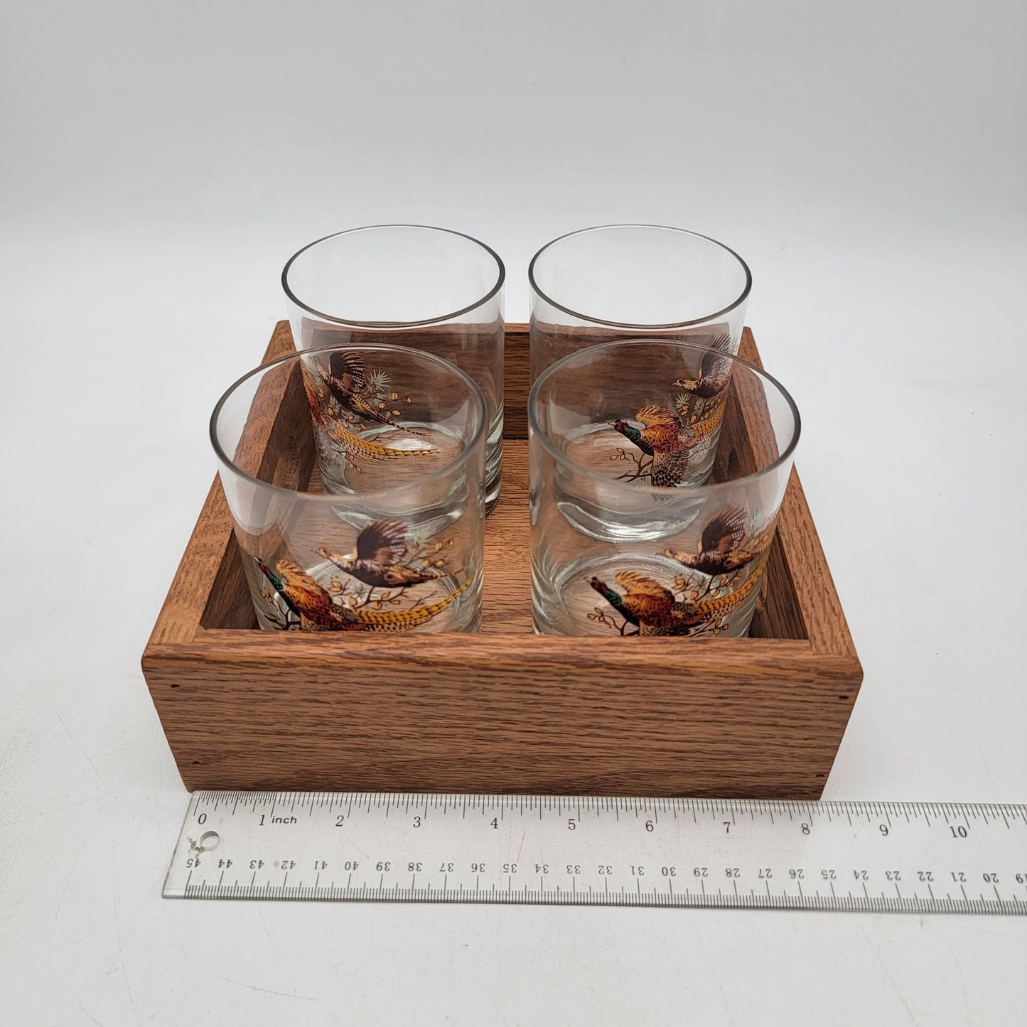 Vintage Libbey Pheasant Bar Glasses in Wood Tray