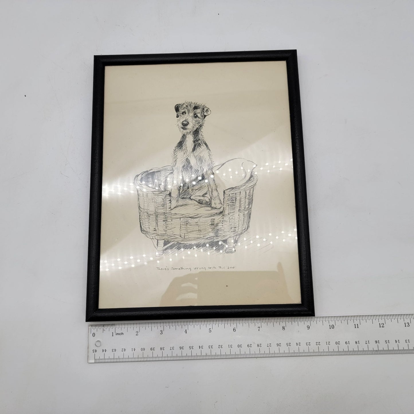 Vintage 1933 K F Barker Terrier Dog Framed Sketch Print "Theres Something Wrong With This Bed"