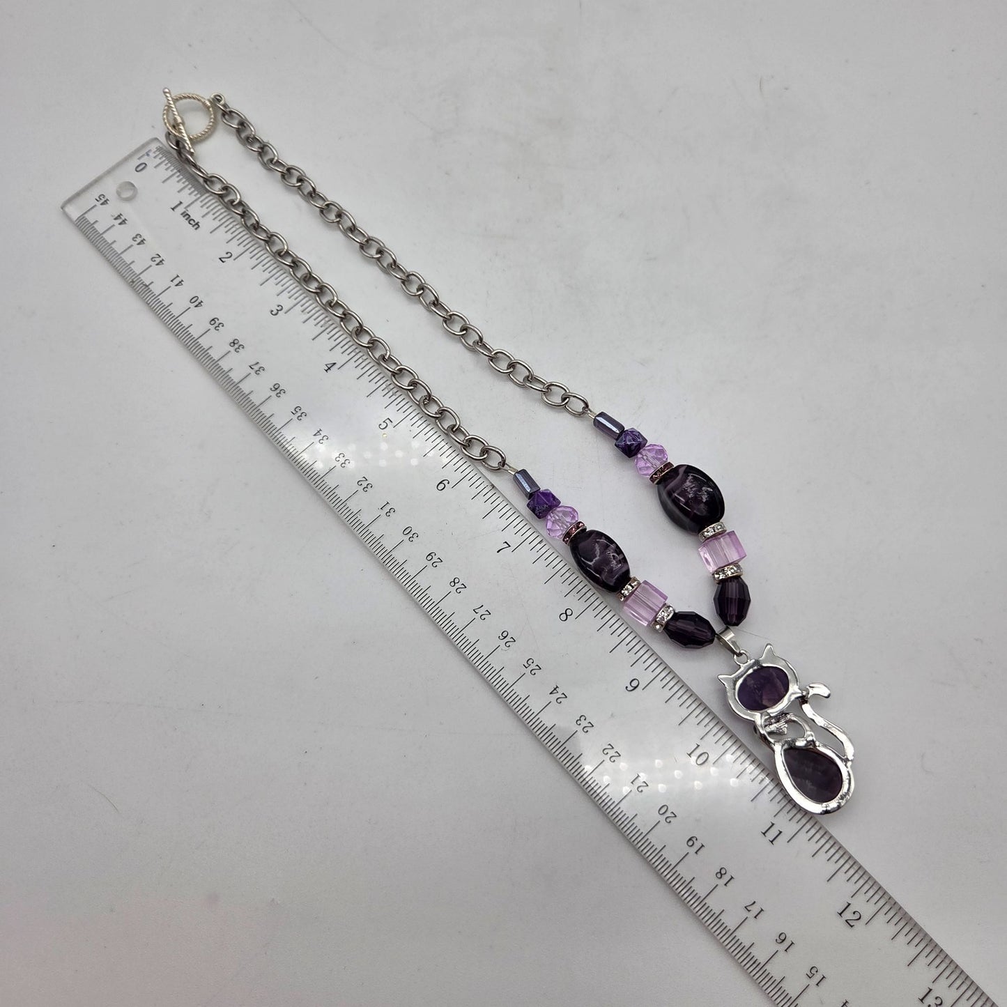 OOAK Handmade Purple Art Glass Bead & Amethyst Cat Pendant Statement Necklace