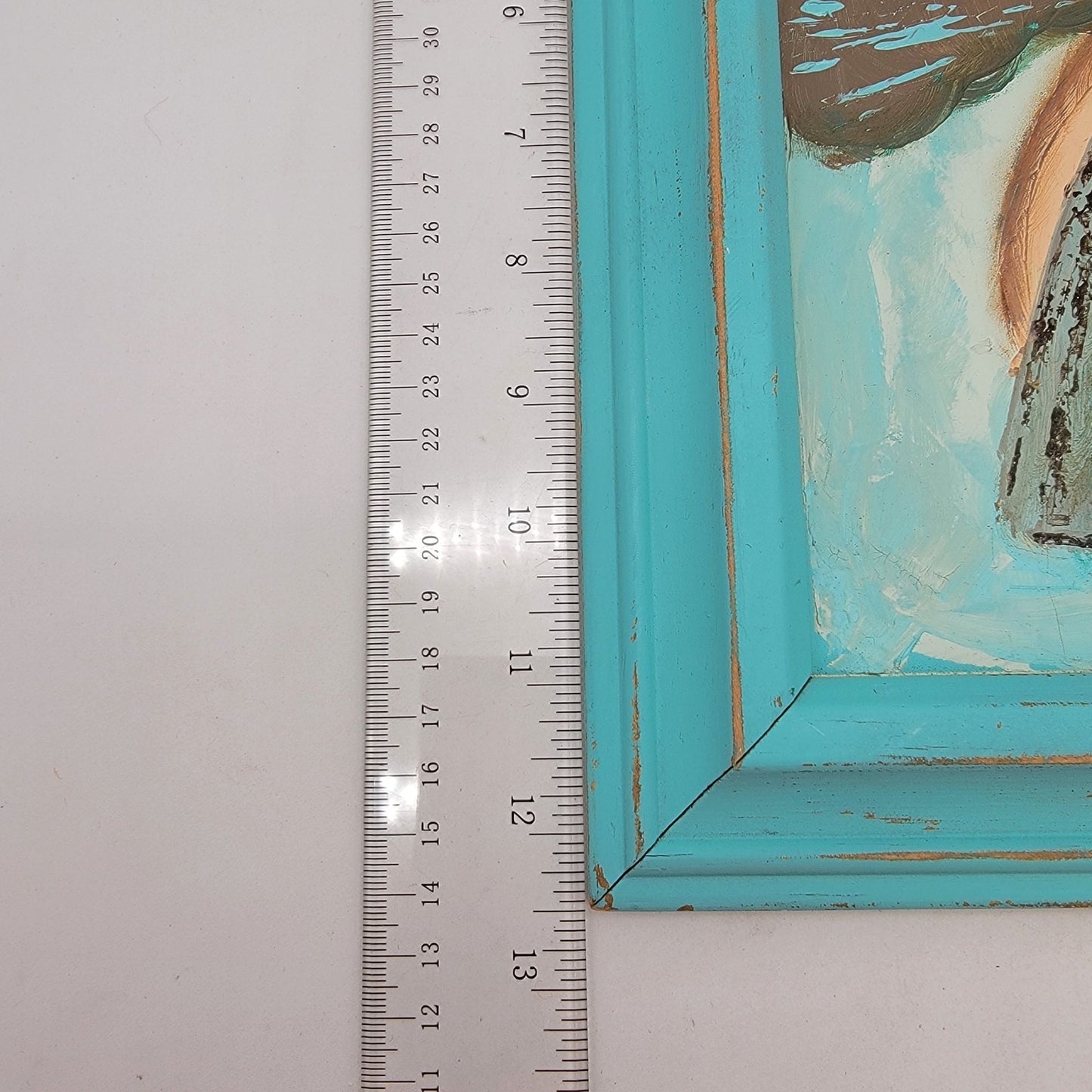 Vintage Original Angel Child Painting on Board Turquoise Frame