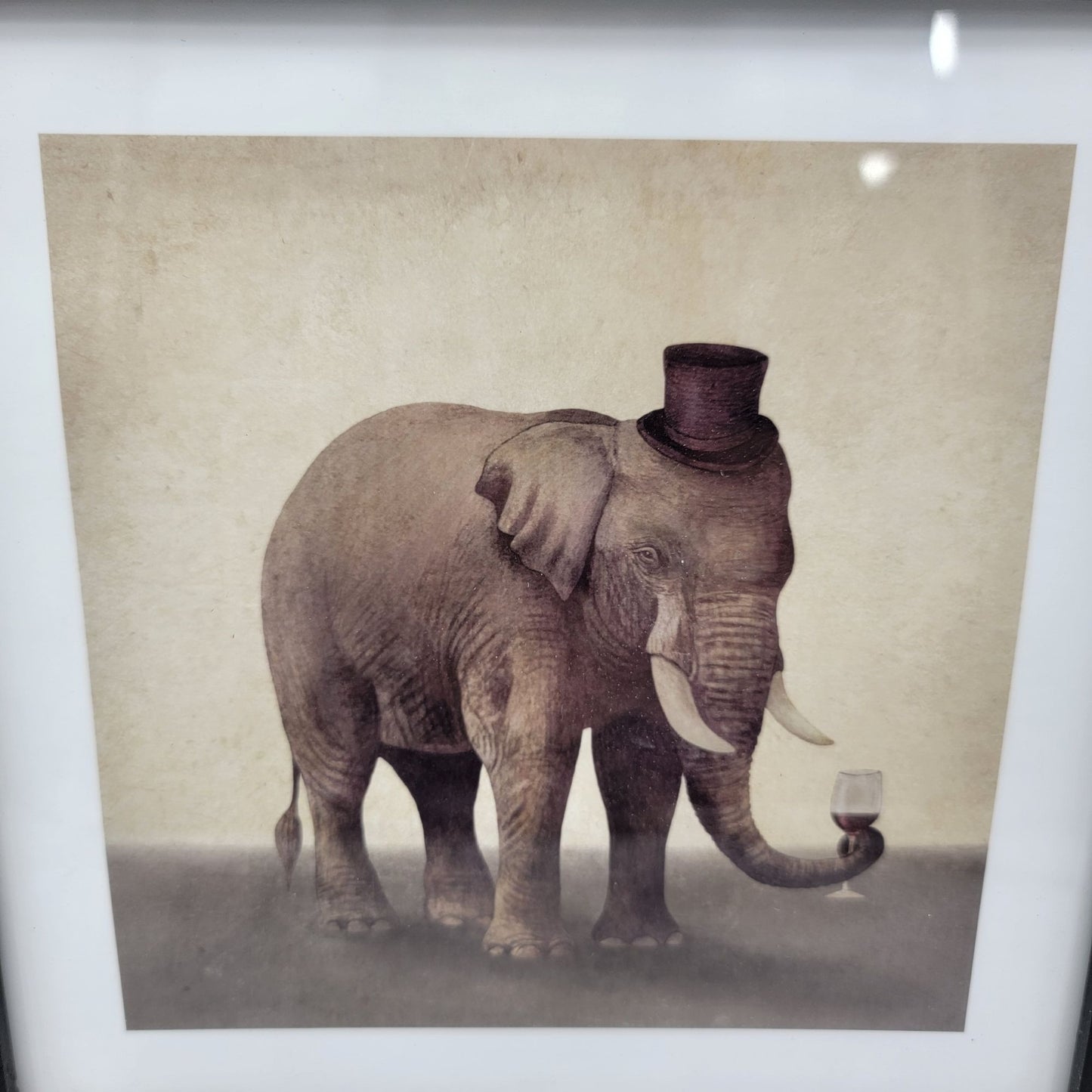 Vintage Framed Elephant With Top Hat & Wine Glass Art Print By Terry Fan