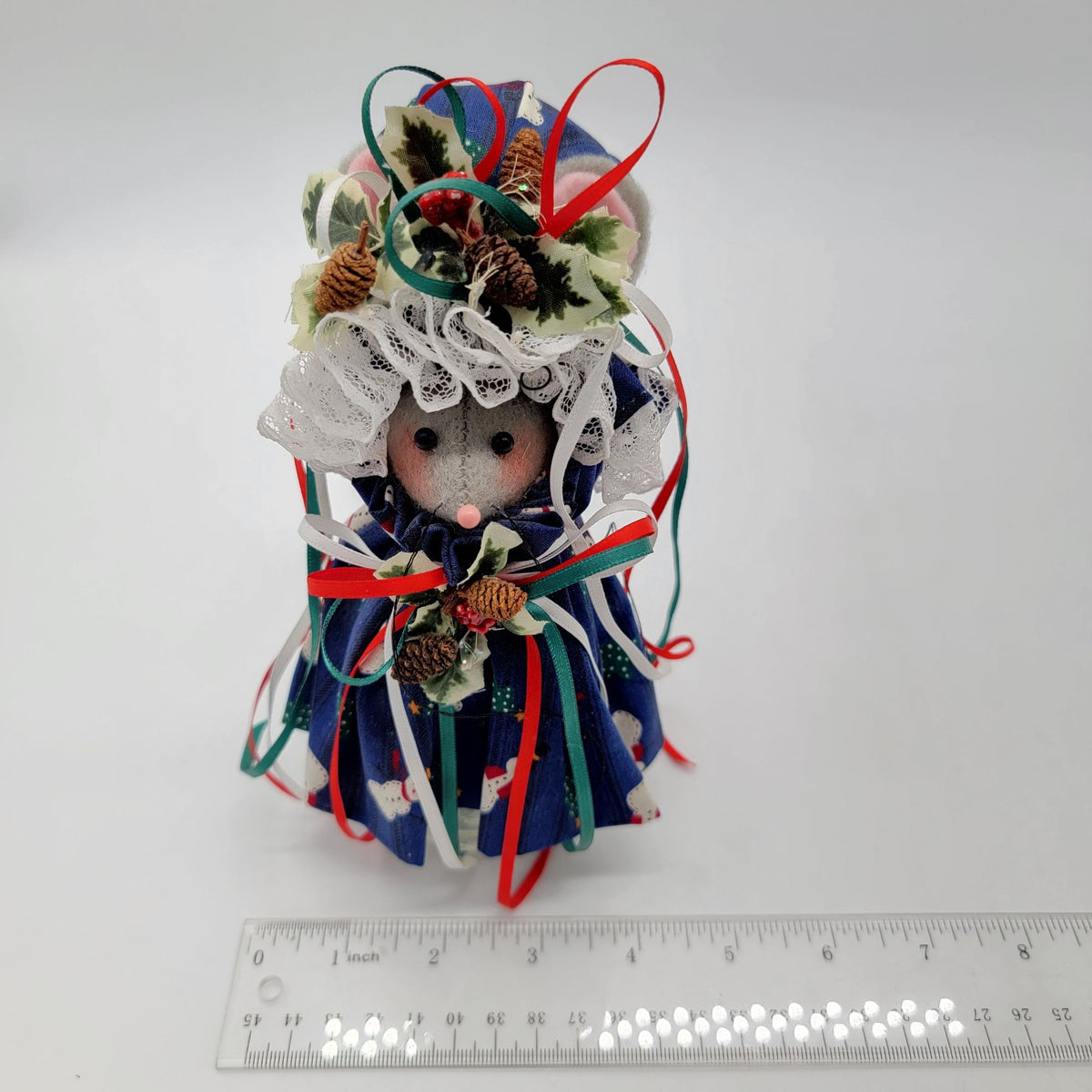 Vintage Small Handmade Fabric Christmas Mouse Doll With Blue Snowman