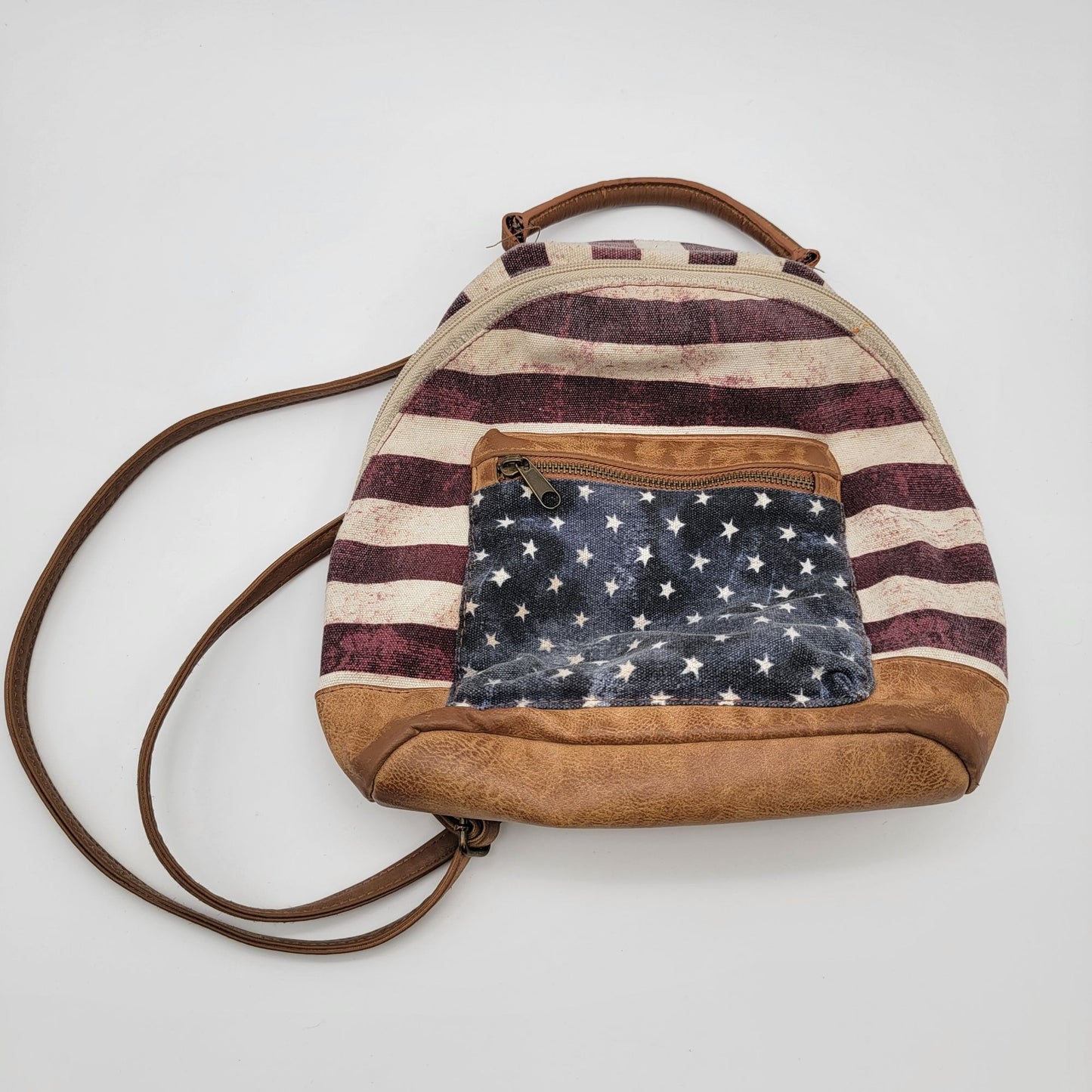 American Flag Mini Backpack Purse With Faux Leather Accents & Star Pattern Pocket