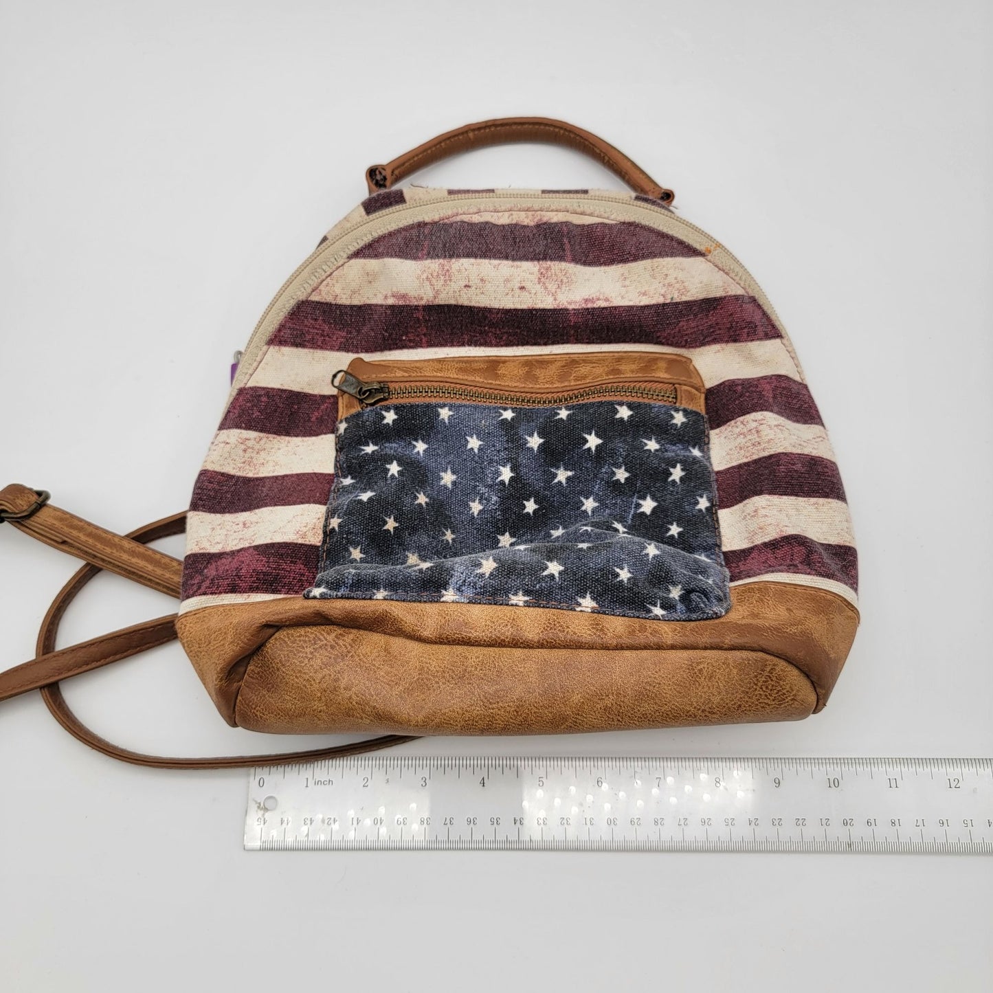American Flag Mini Backpack Purse With Faux Leather Accents & Star Pattern Pocket