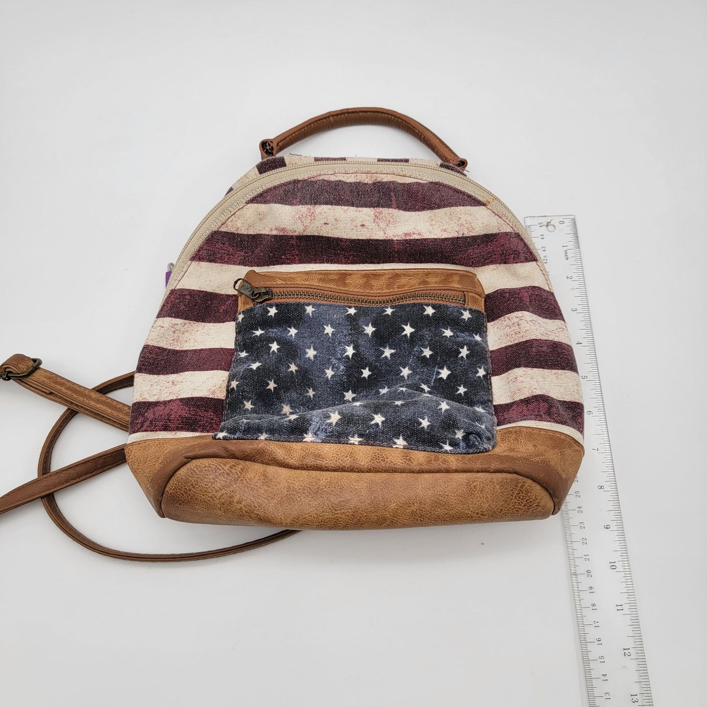 American Flag Mini Backpack Purse With Faux Leather Accents & Star Pattern Pocket