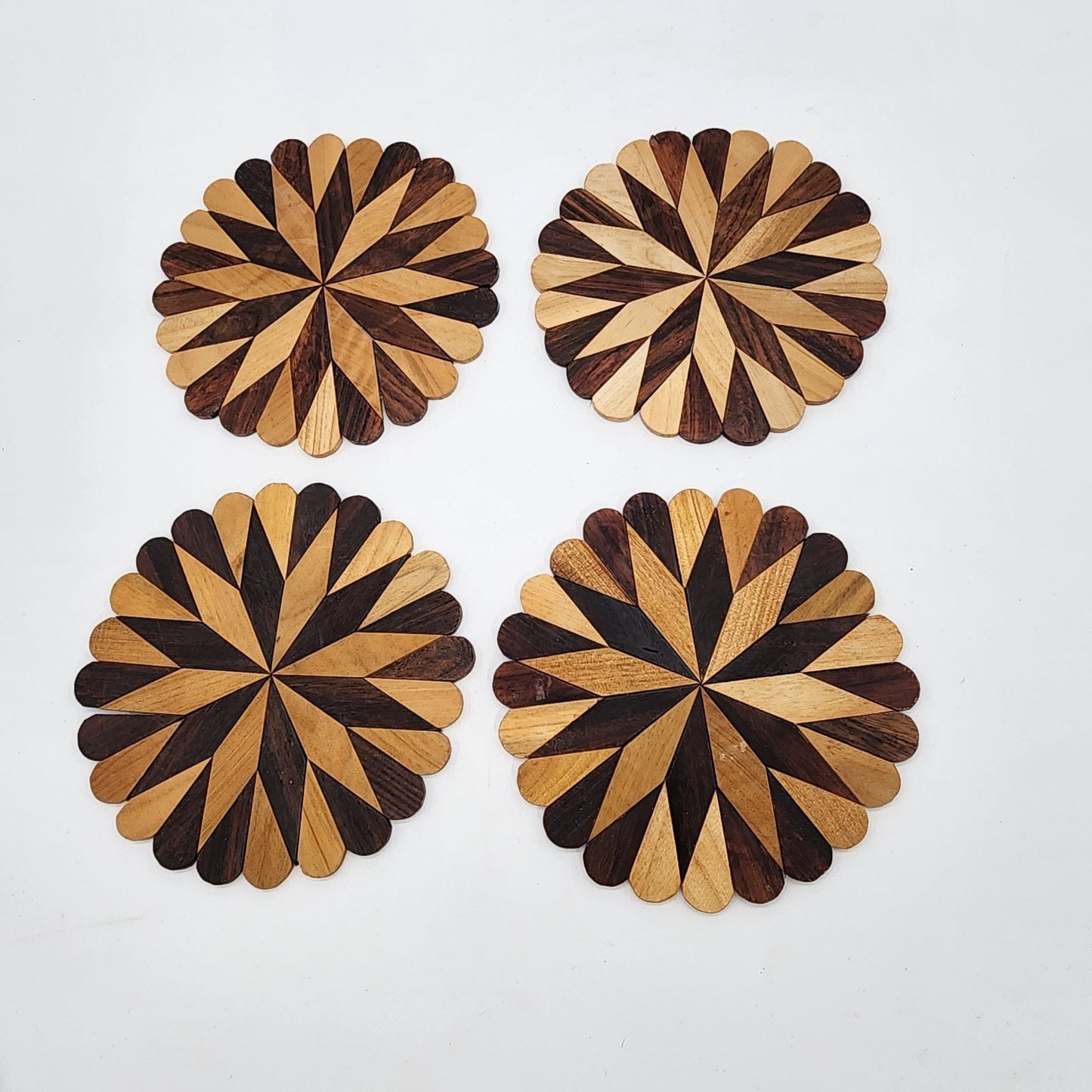 Handcrafted Wooden Trivets Set Of 4 With Intricate Geometric Pattern