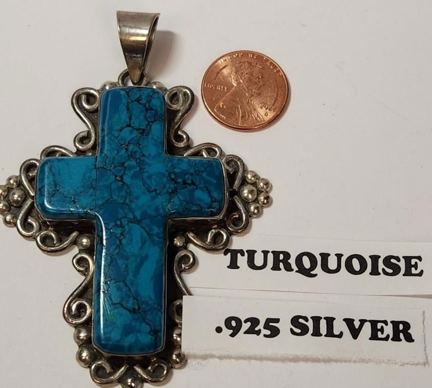 Large Turquoise Cross 925 Mexico Sterling Pendant