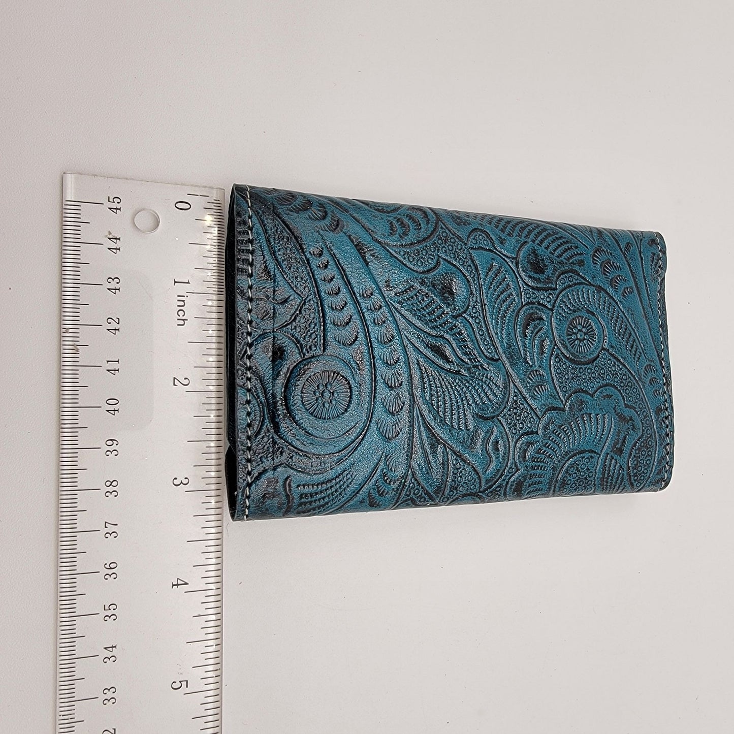 Mexican Tooled Blue Leather Tri-Fold Wallet