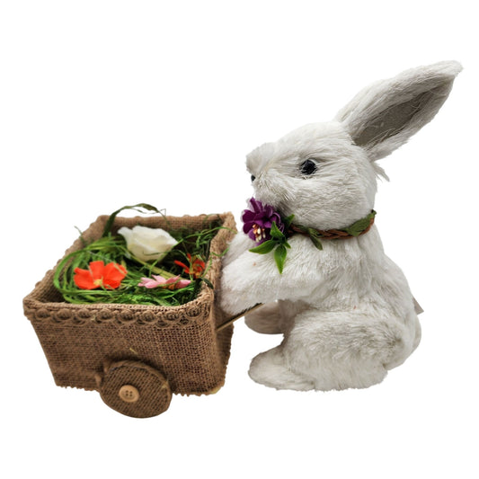 Sisal Bunny With Burlap Wagon & Flowers Spring Decor