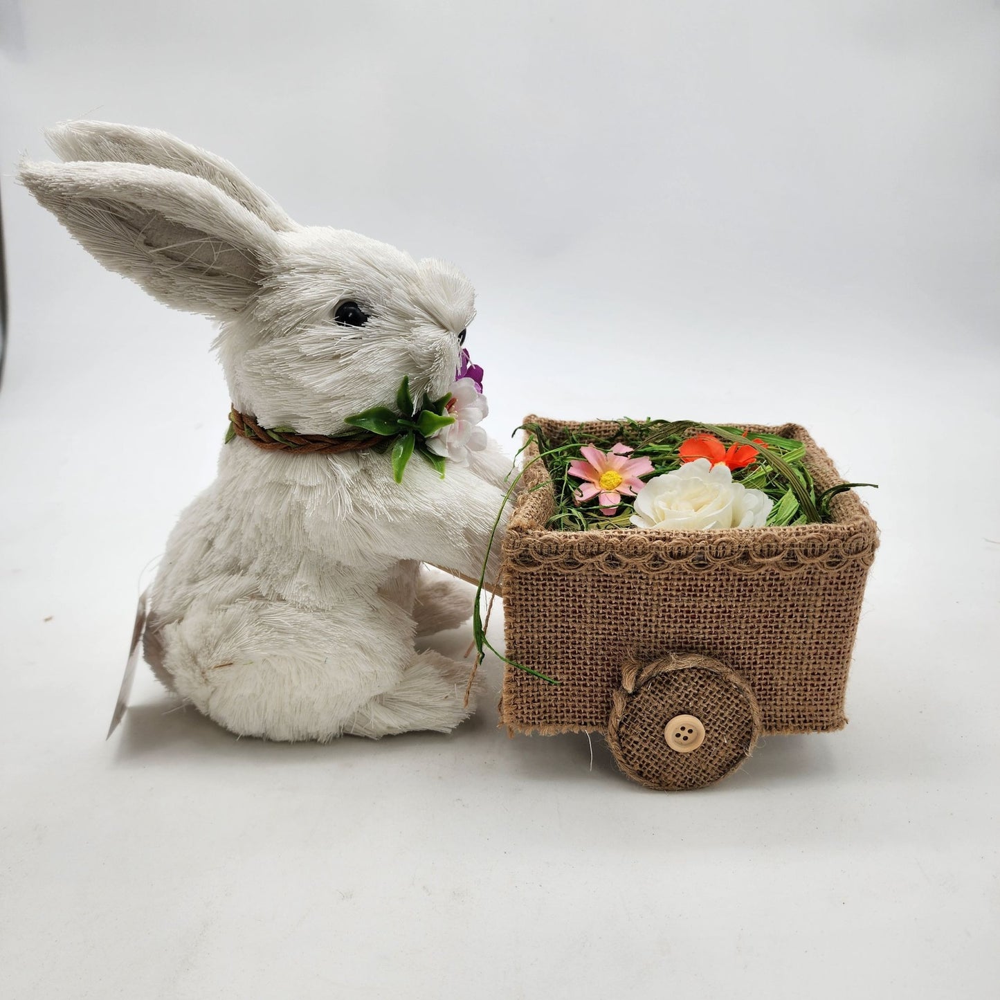 Sisal Bunny With Burlap Wagon & Flowers Spring Decor