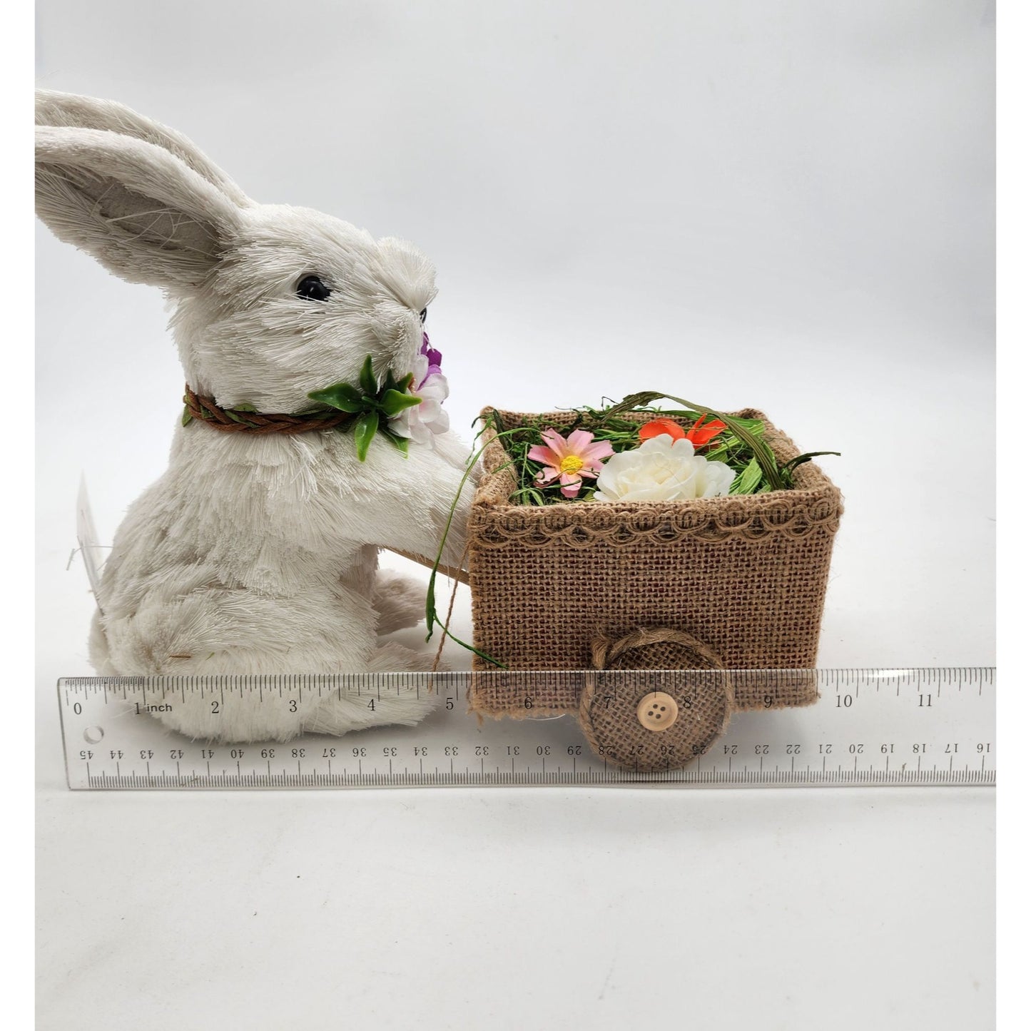 Sisal Bunny With Burlap Wagon & Flowers Spring Decor