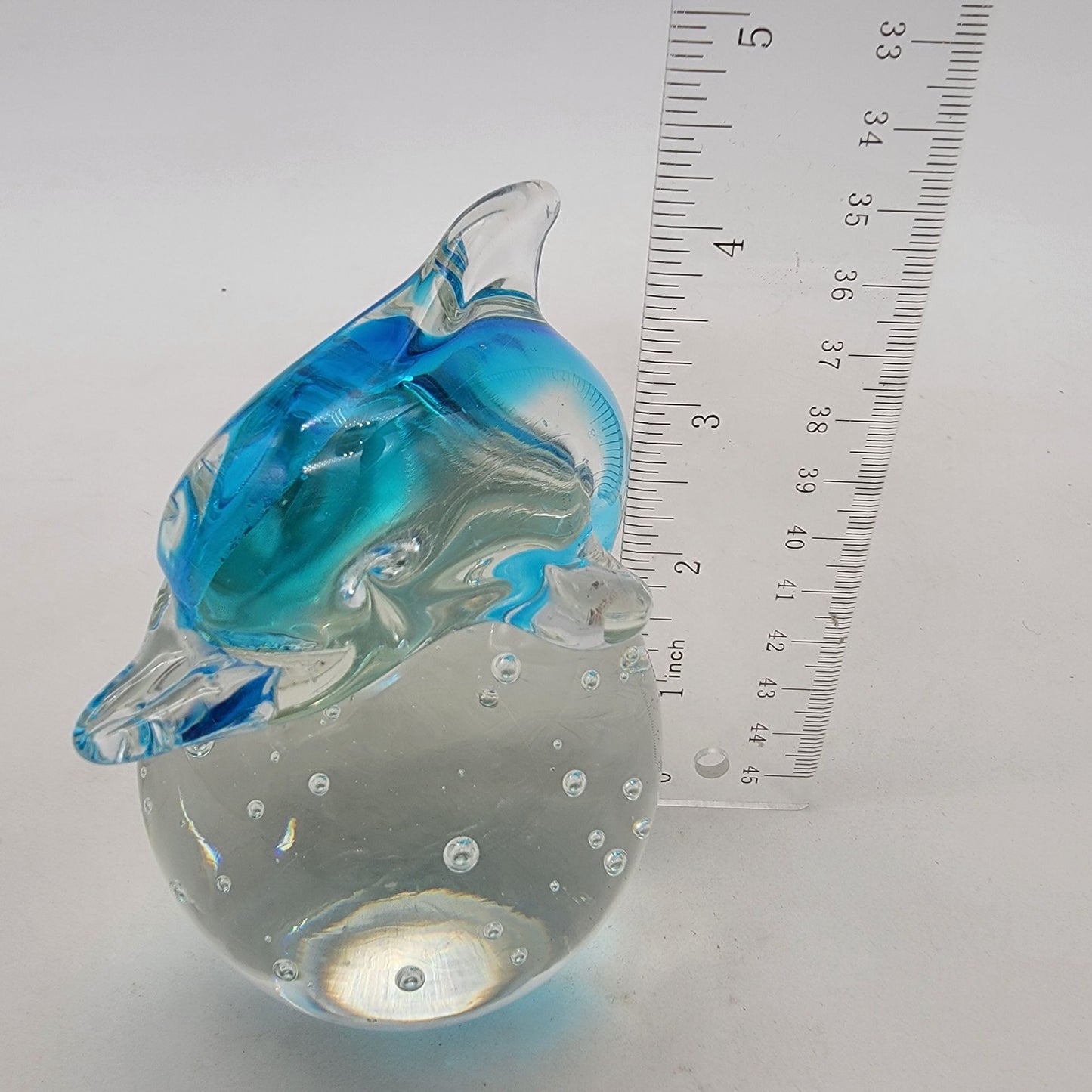Art Glass Dolphin On Sphere Paperweight With Controlled Bubbles