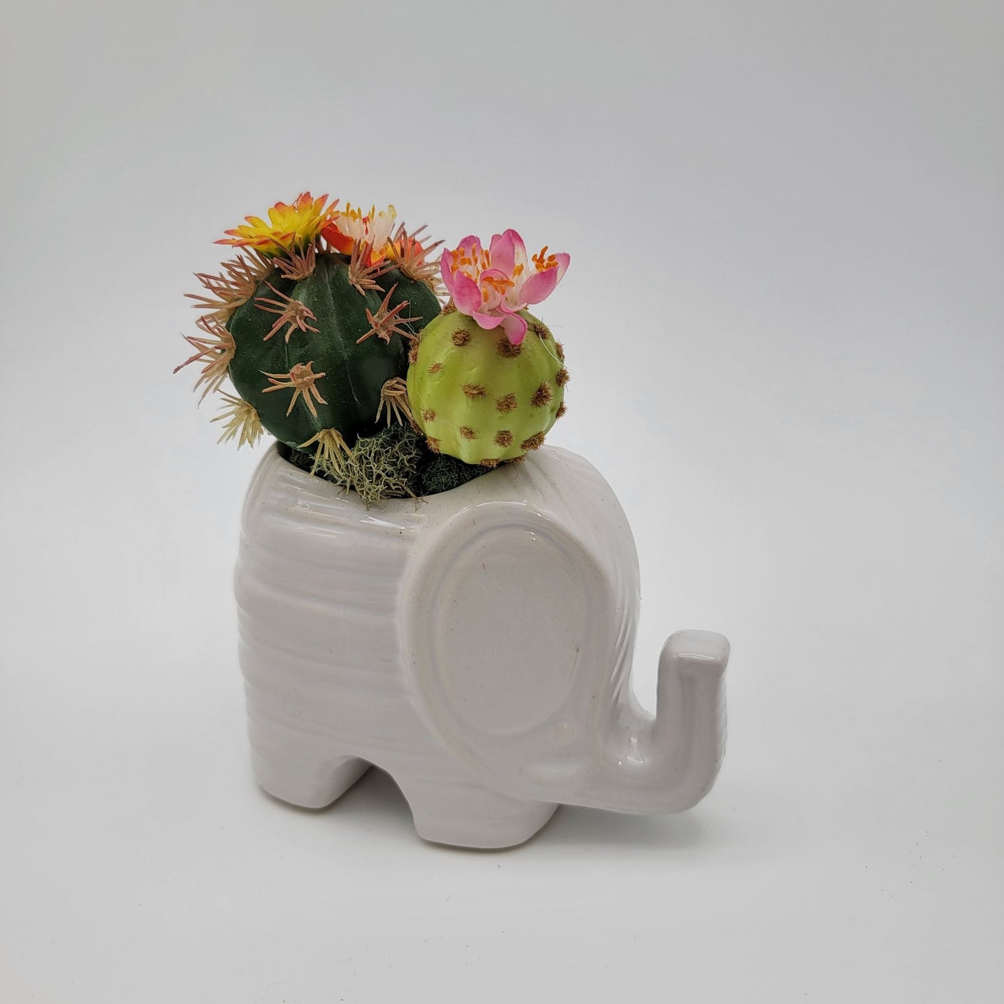 White Elephant Succulent Planter With Faux Cacti Arrangement