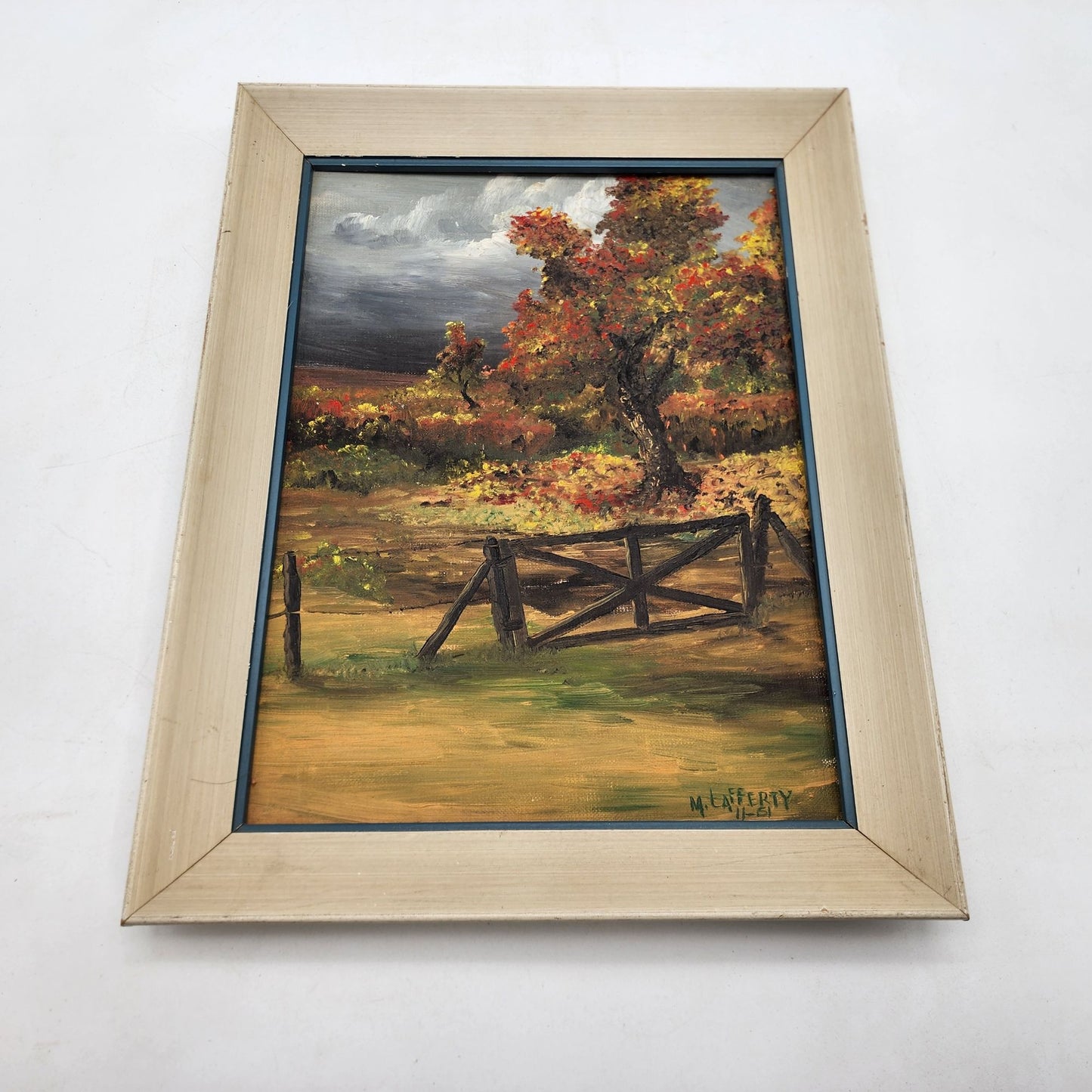 Vintage M. Lafferty Oil Painting Autumn Landscape In Wood Frame